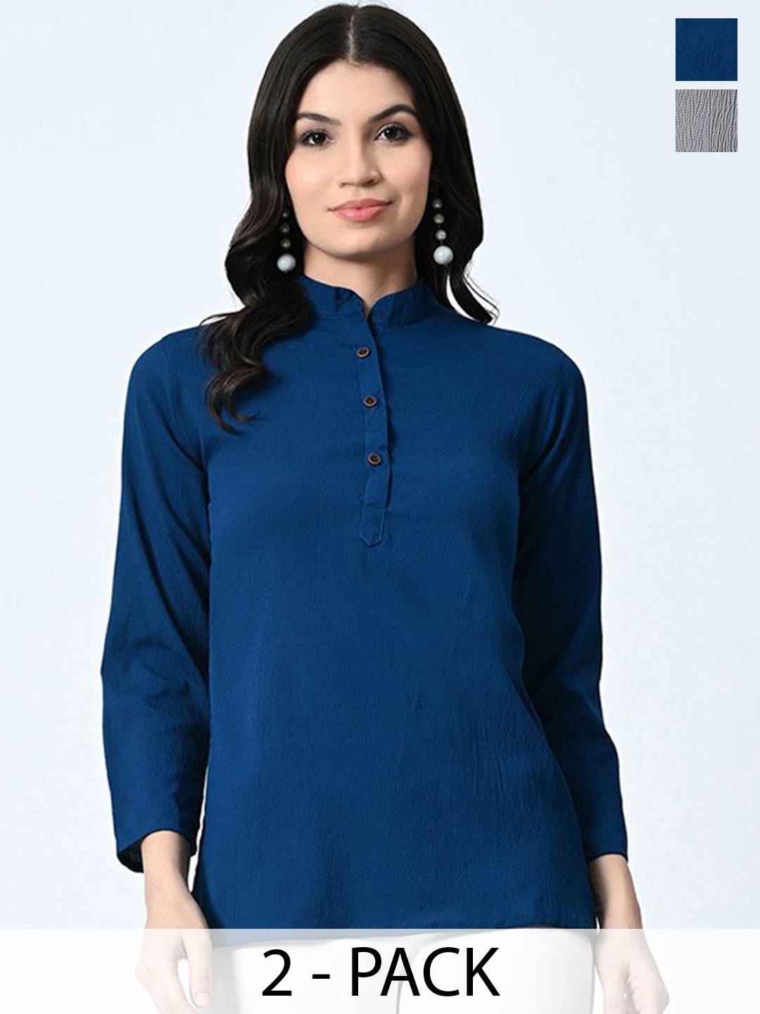 

BAESD Pack Of 2 Self Design Mandarin Collar Crepe Tops, Blue