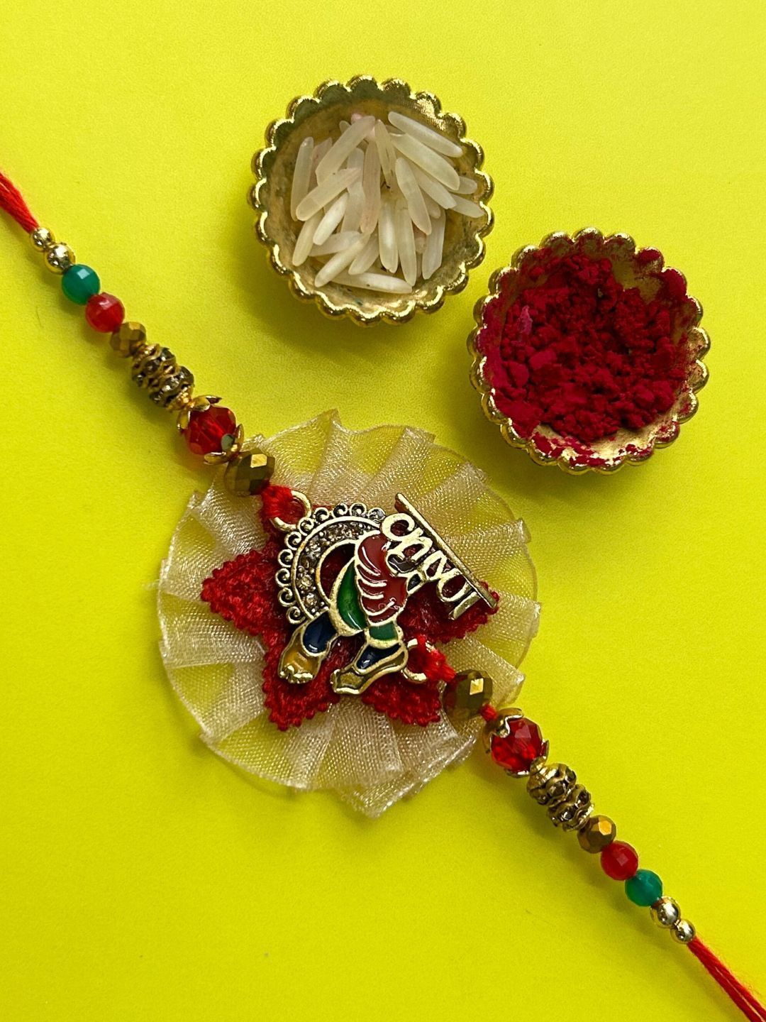 

LAIDA Gemstone Studded & Beaded Thread Rakhis With Roli Chawal, Gold