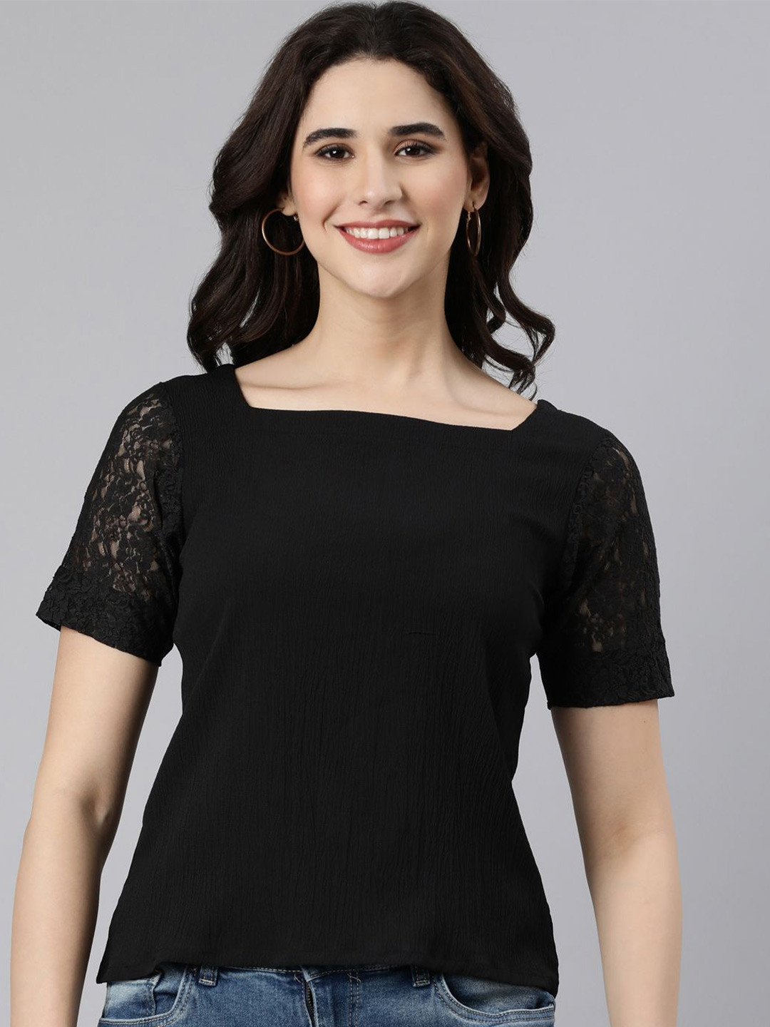 

TWIN BIRDS Solid Lace Square Neck Self Design Top, Black