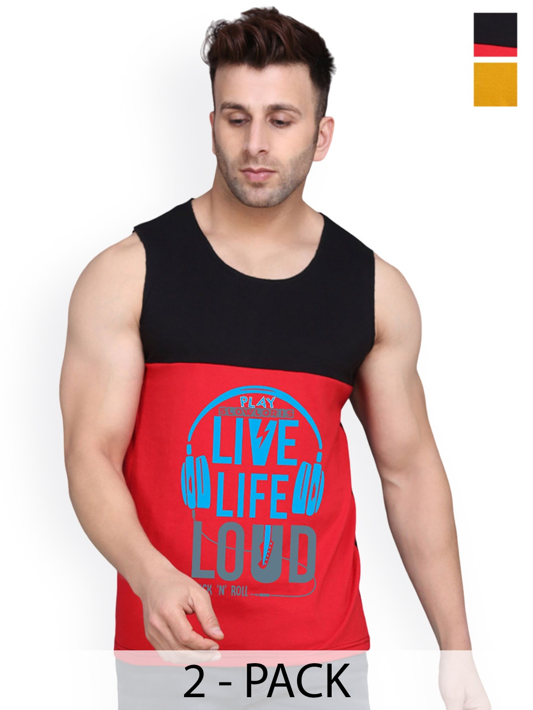 

SLOWLORIS Pack Of 2 Printed Gym Vests SL26 COMBO (LOUD BLKRED) (NVR MUSTARD), Black
