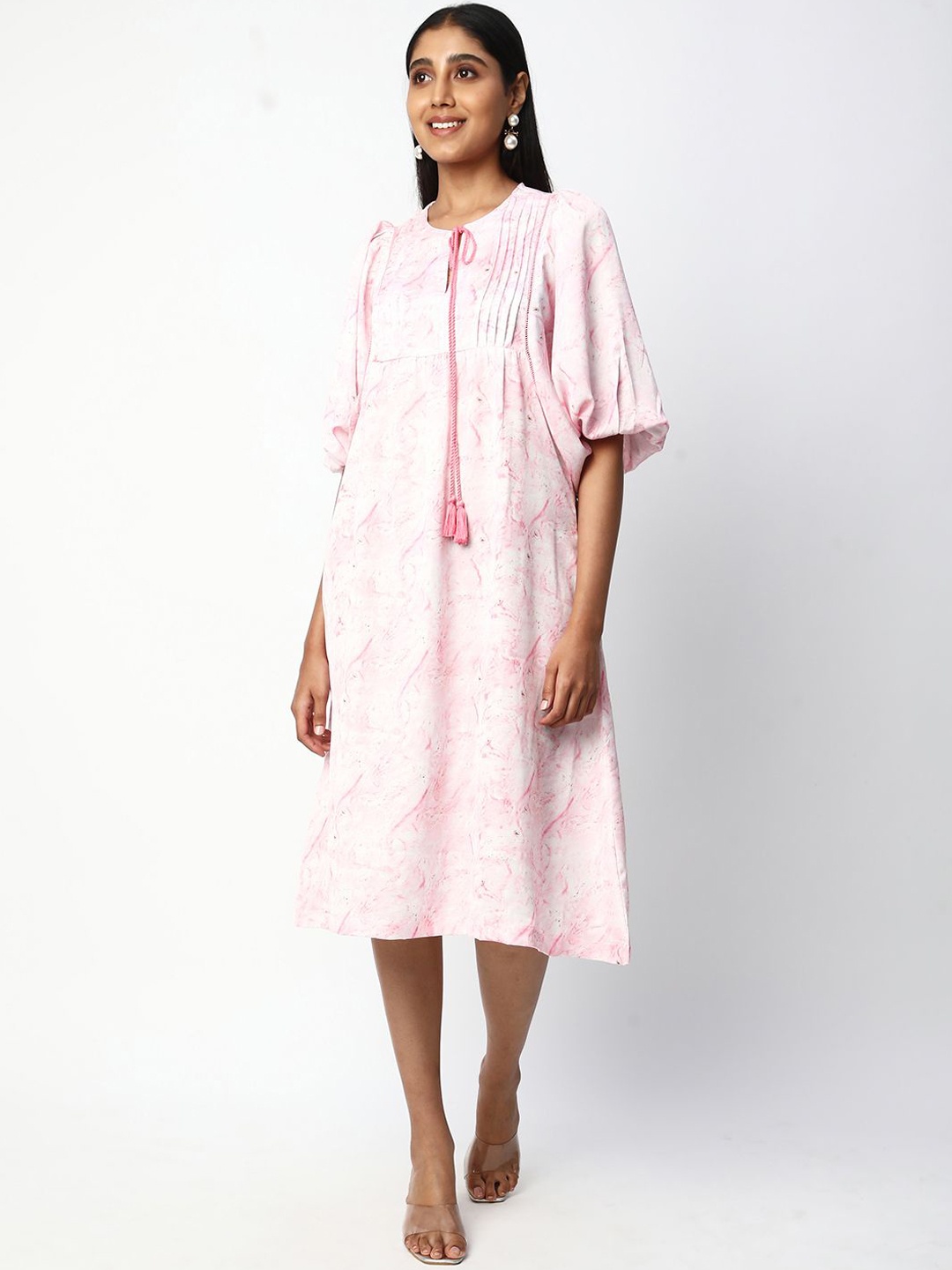 

R&B Floral Printed Tie-Up Neck Puff Sleeves Gathered Cotton A-Line Midi Dress, Pink