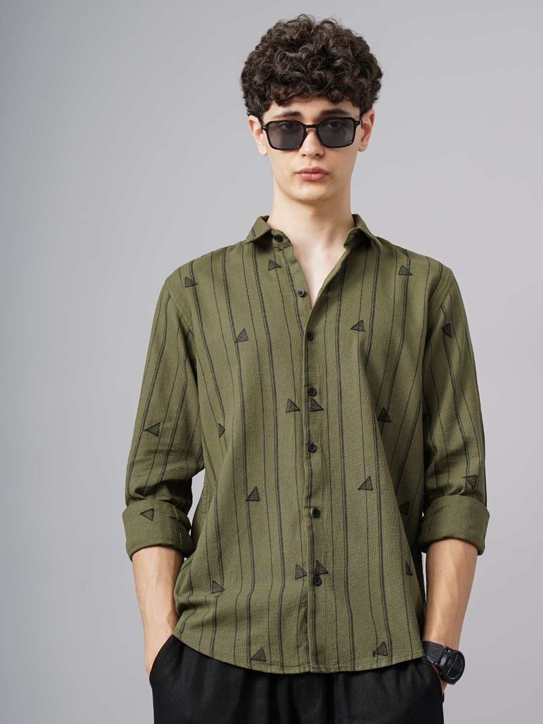 

PAUL STREET Men Standard Vertical Striped Cotton Slim Fit Casual Shirt, Olive