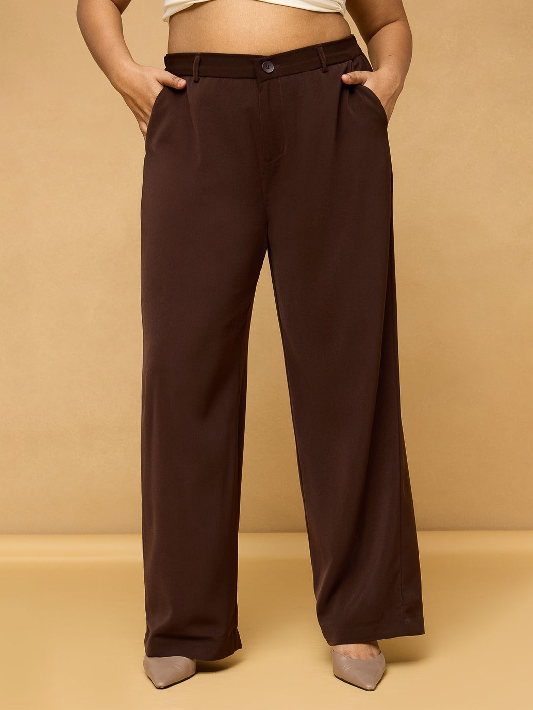 

FREAKINS Curve Dark Brown Sleek Korean Pants