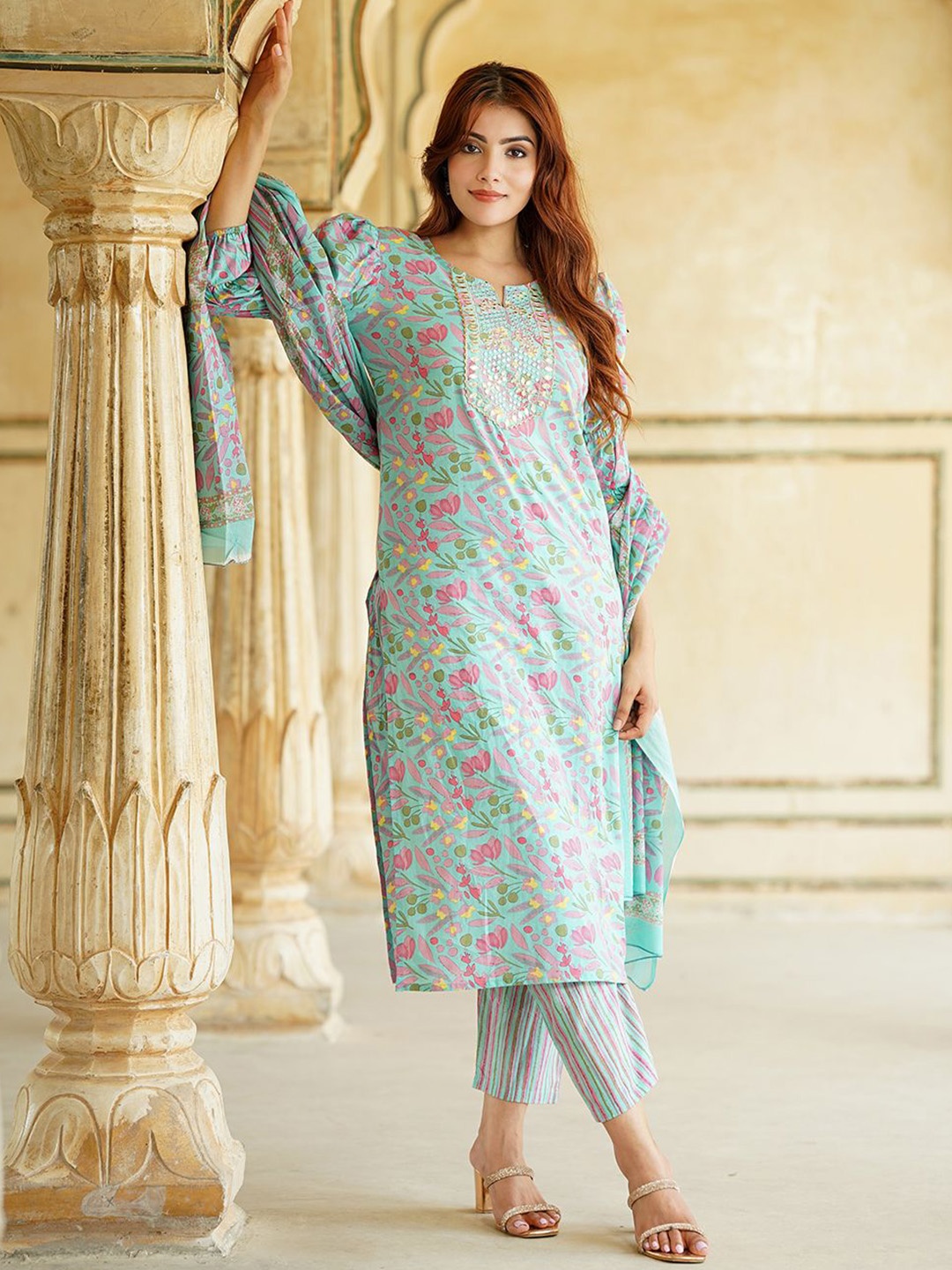 

KALINI Floral Printed Mirror Work Pure Cotton Straight Kurta With Trousers & Dupatta, Blue