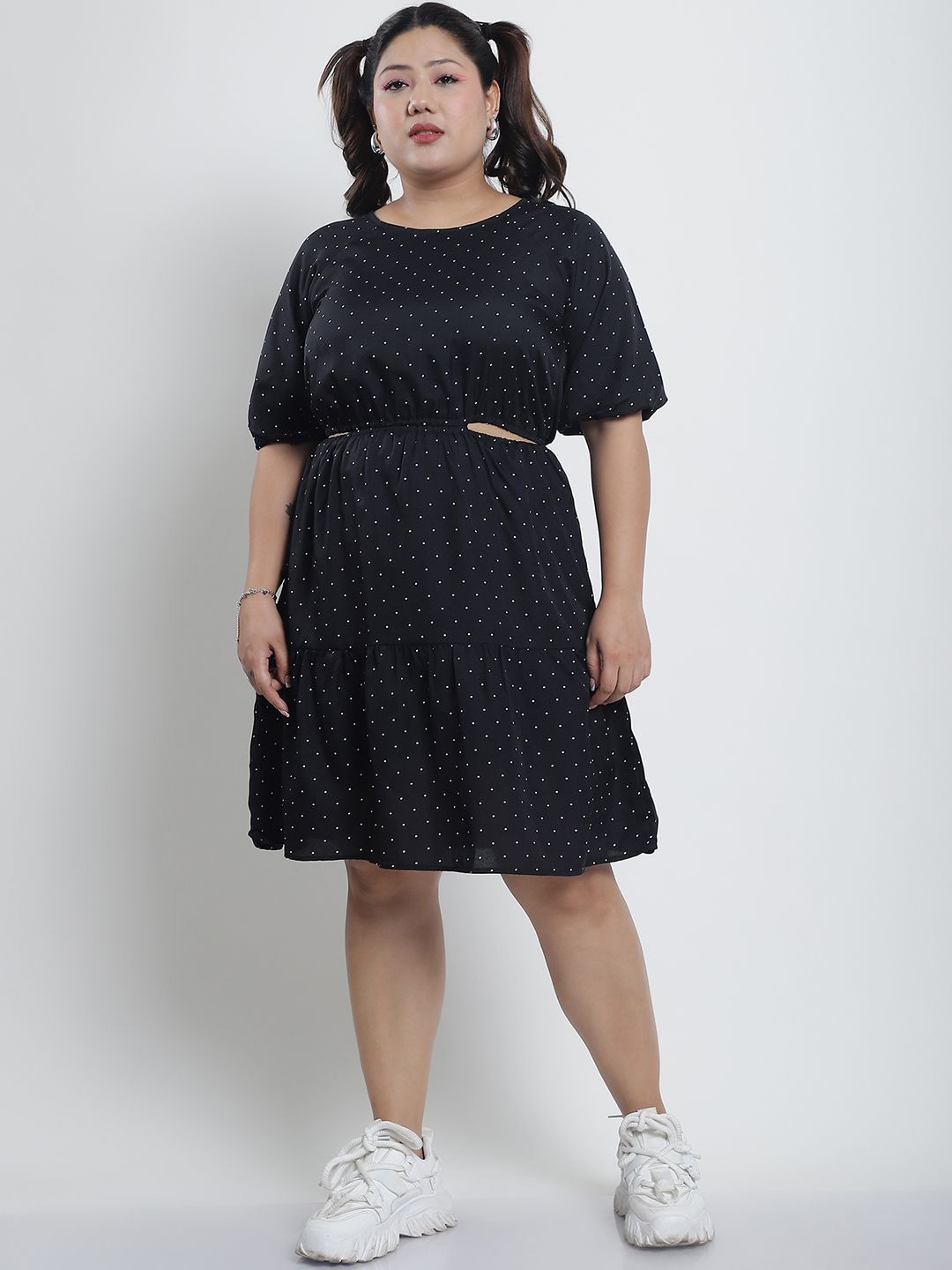 

thkgrlz Women Polka Dot Printed Puff Sleeves Fit & Flare Dress, Black