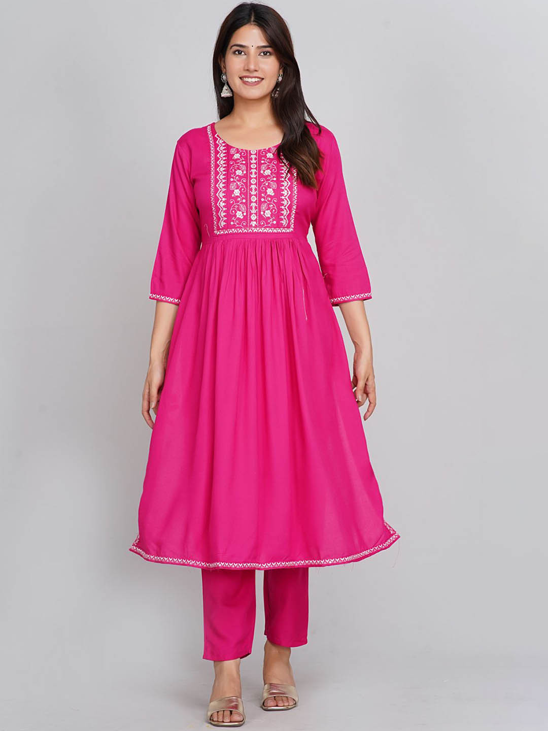 

Neemiya Floral Embroidered Empire Thread Work A Line Kurta with Trousers, Pink