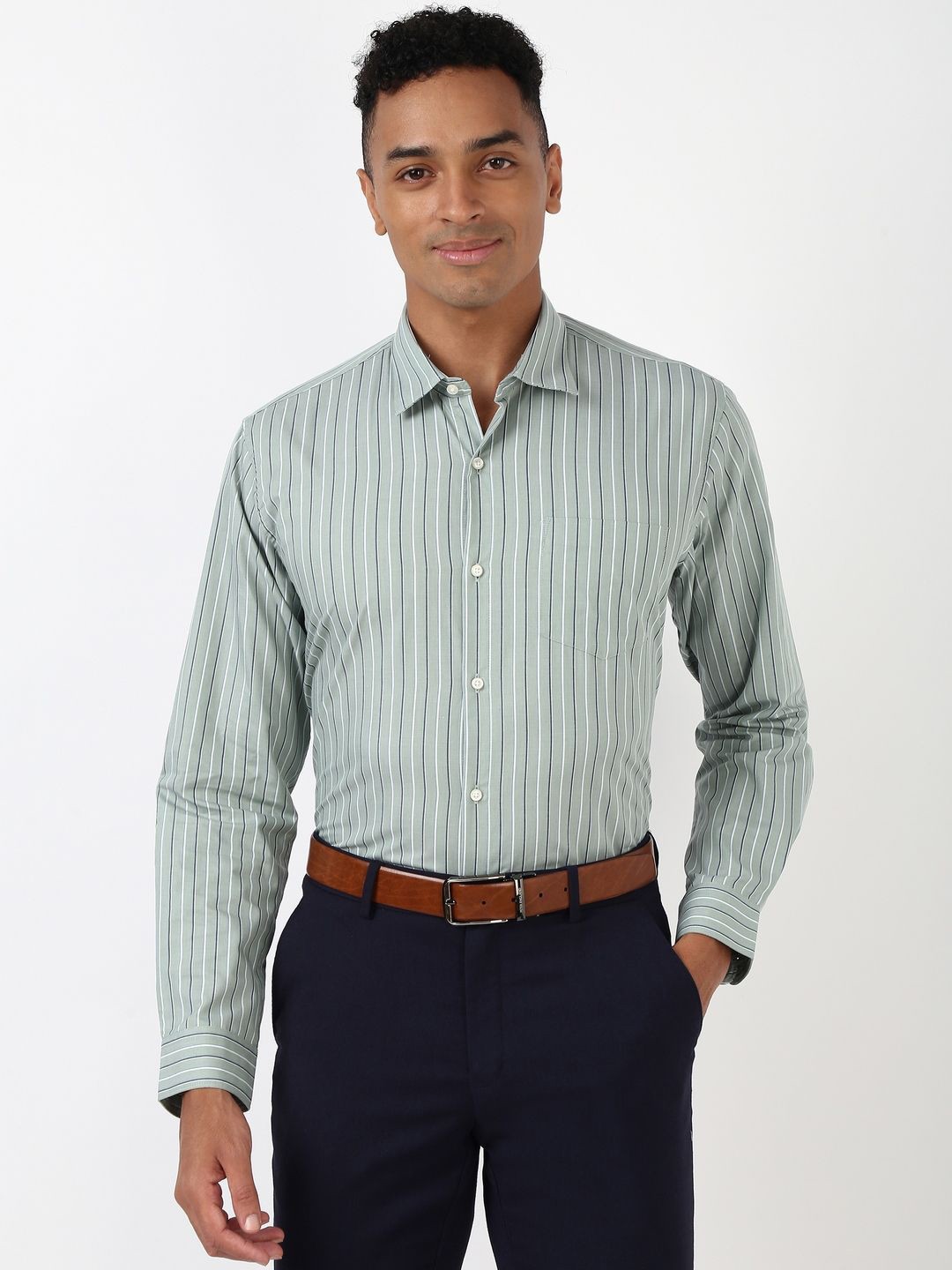 

Peter England Men Spread Collar Striped Polycotton Formal Shirt, Green