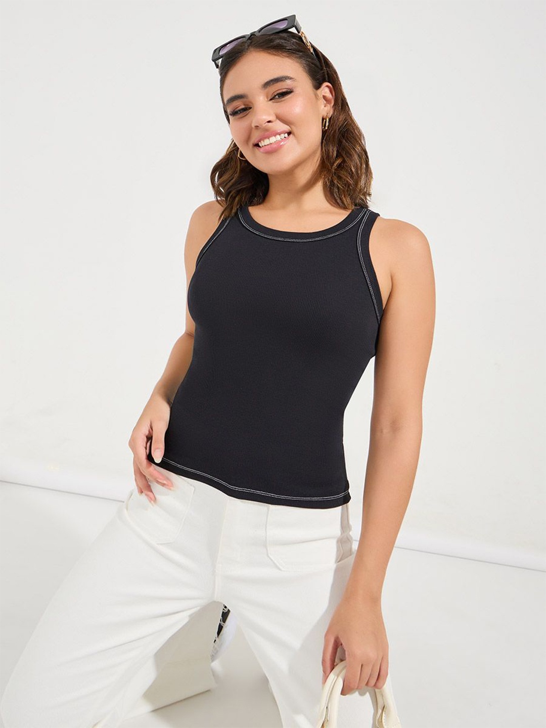 

Styli Women Solid Knits Round Neck Cotton Top, Black