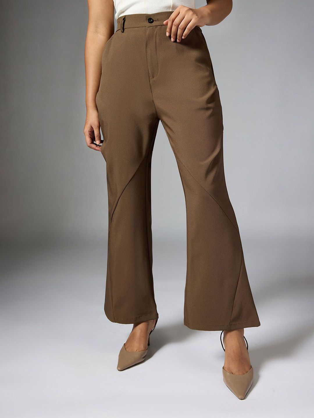 

FREAKINS Women High-Rise Flat-Front Panelled Bootcut Korean Trousers, Taupe