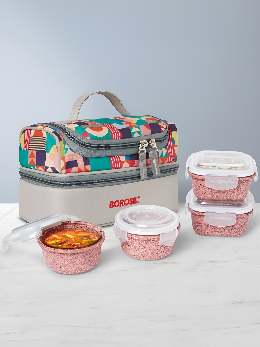 

BOROSIL Kube Pink T& White 4 Pieces Textured Lunch Box With Bag