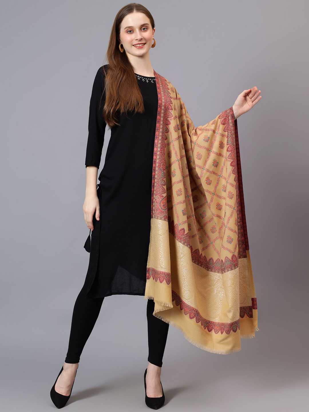 

Mizash Ethnic Motifs Printed Woollen Shawl, Beige