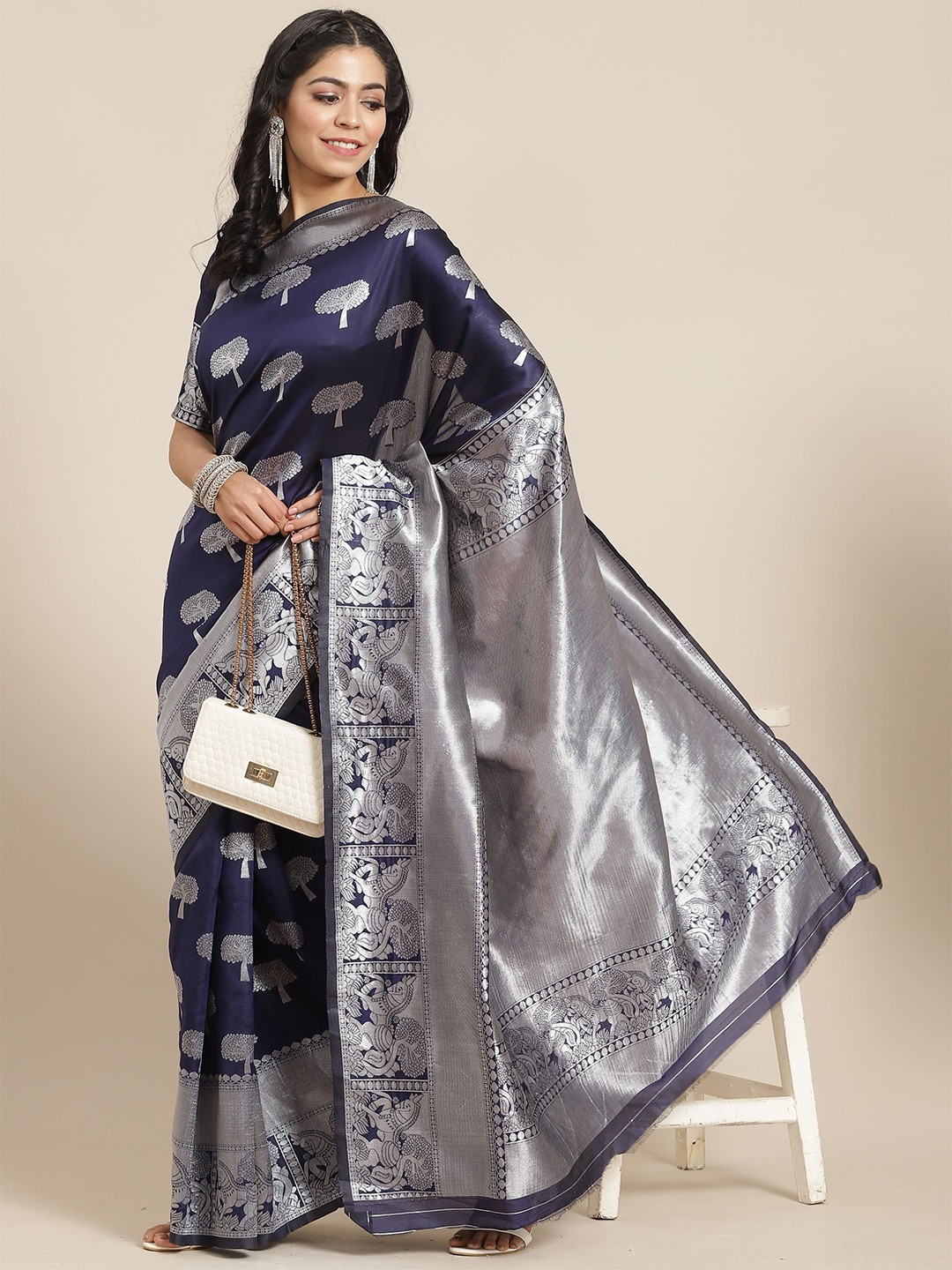 

KALINI Woven Design Zari Art Silk Banarasi Saree, Navy blue