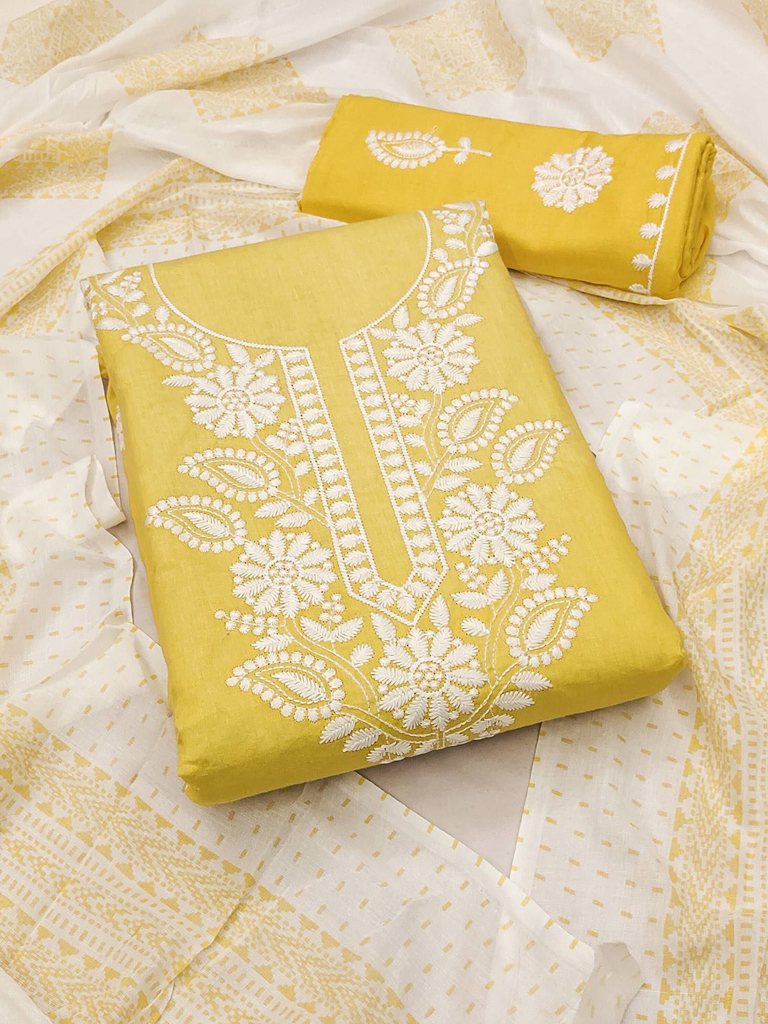 

Peachmode Floral Embroidered Pure Cotton Unstitched Dress Material, Yellow