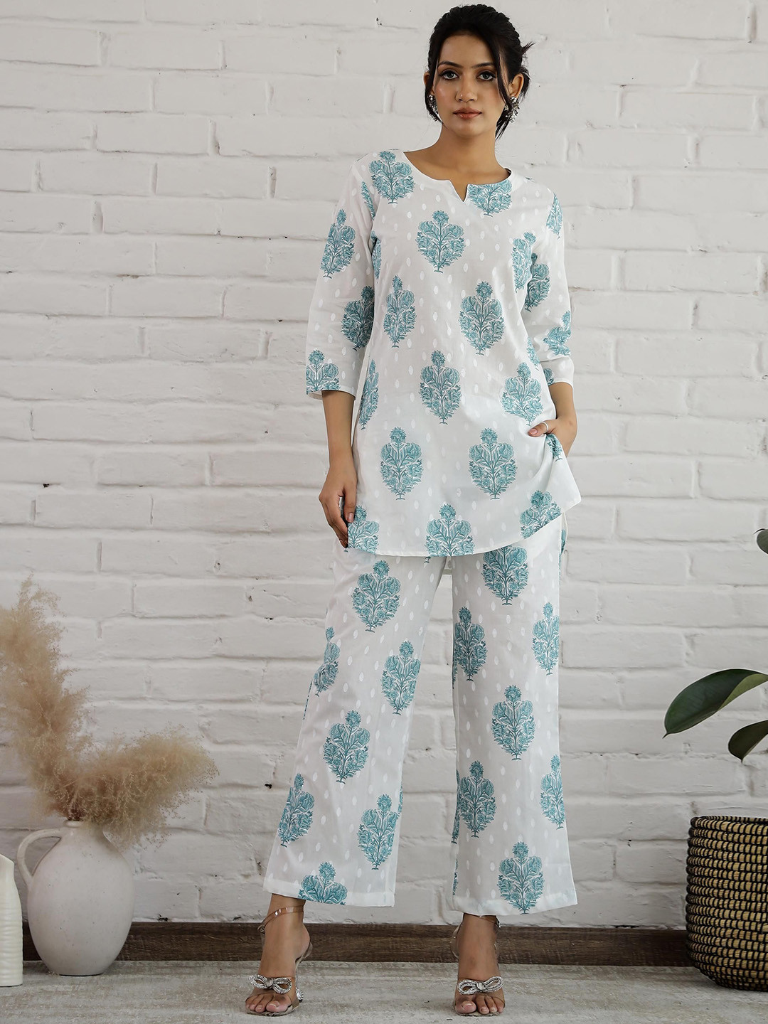 

FLAVIA CREATION Pure Cotton Printed Tunic With Trouser, White