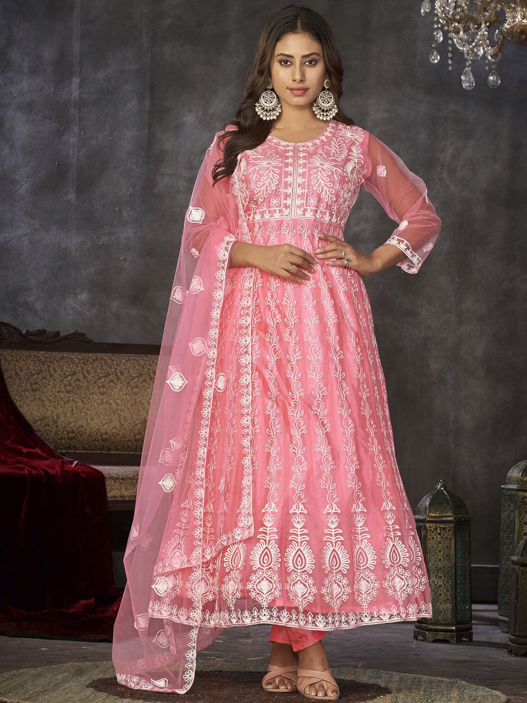 

Warthy Ent Floral Embroidered Net Semi-Stitched Dress Material, Peach