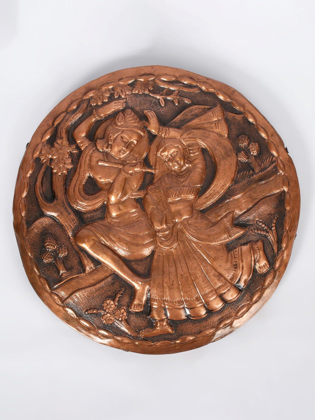

Exotic India 10" Copper & Wood Dancing Radha Krishna Wall Hanging, Brown