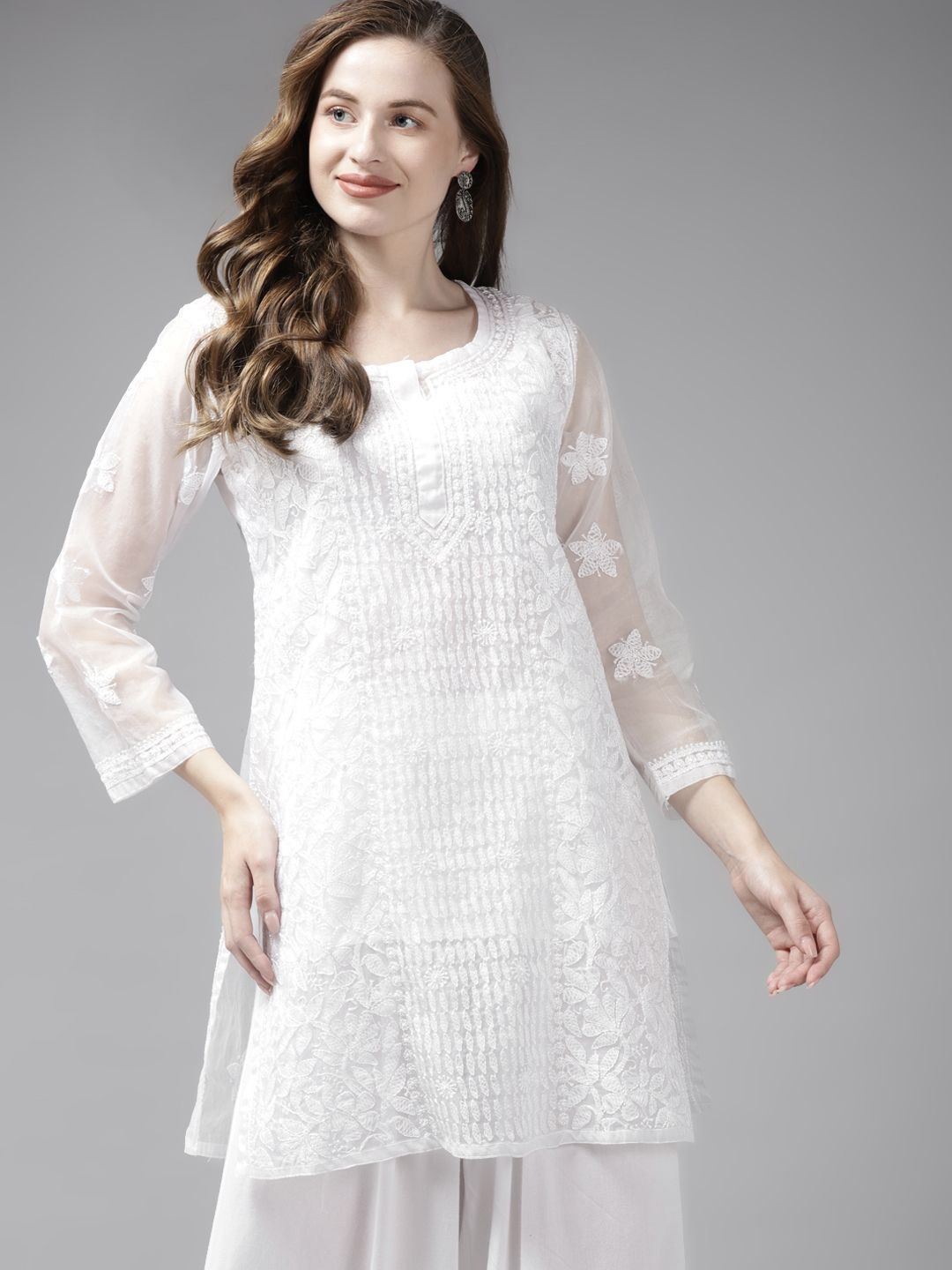 

ADA Women Ethnic Motifs Embroidered Side Slits Kurti, White