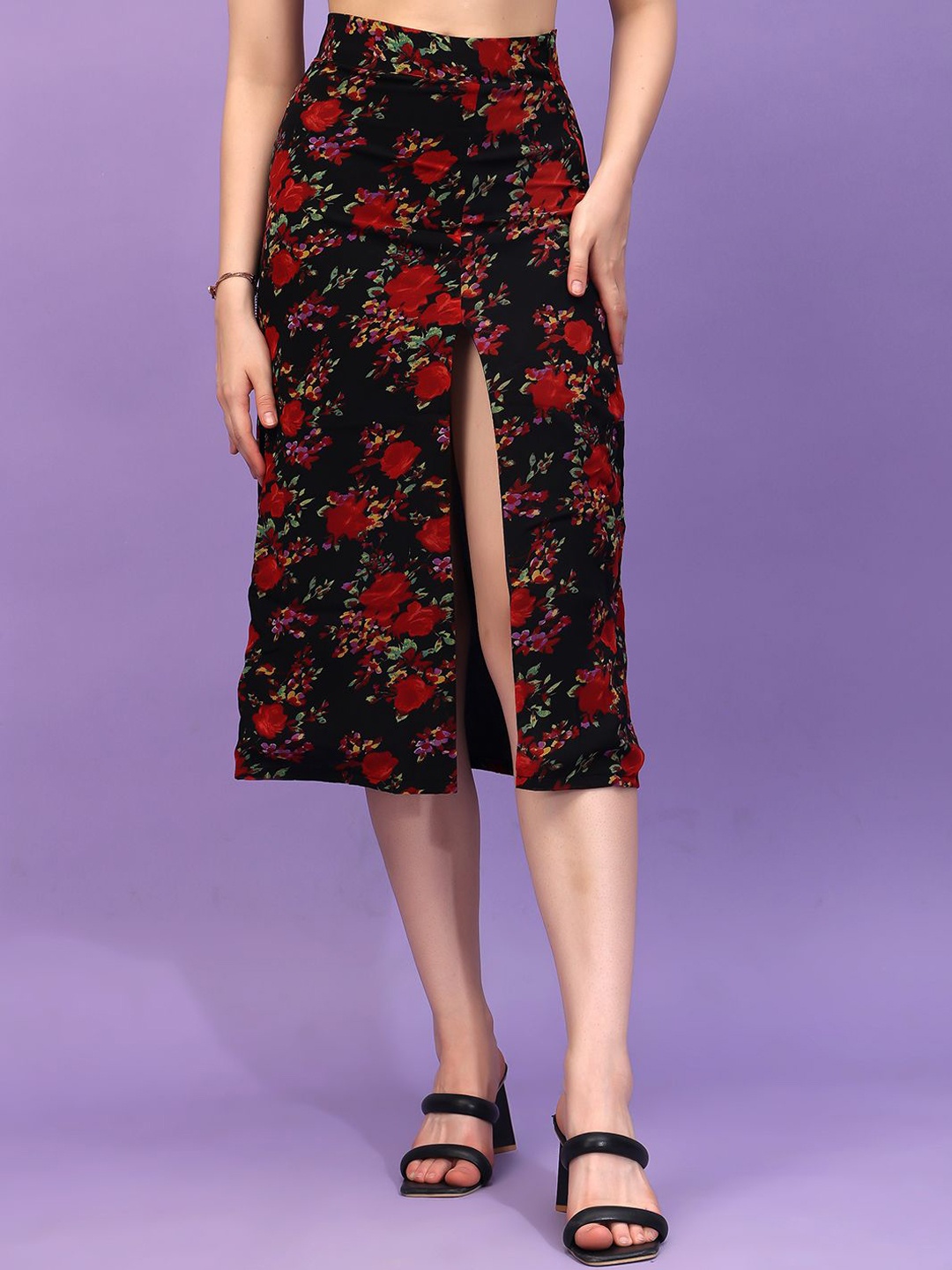 

BAESD Women Floral Printed A-Line Midi Skirt, Black