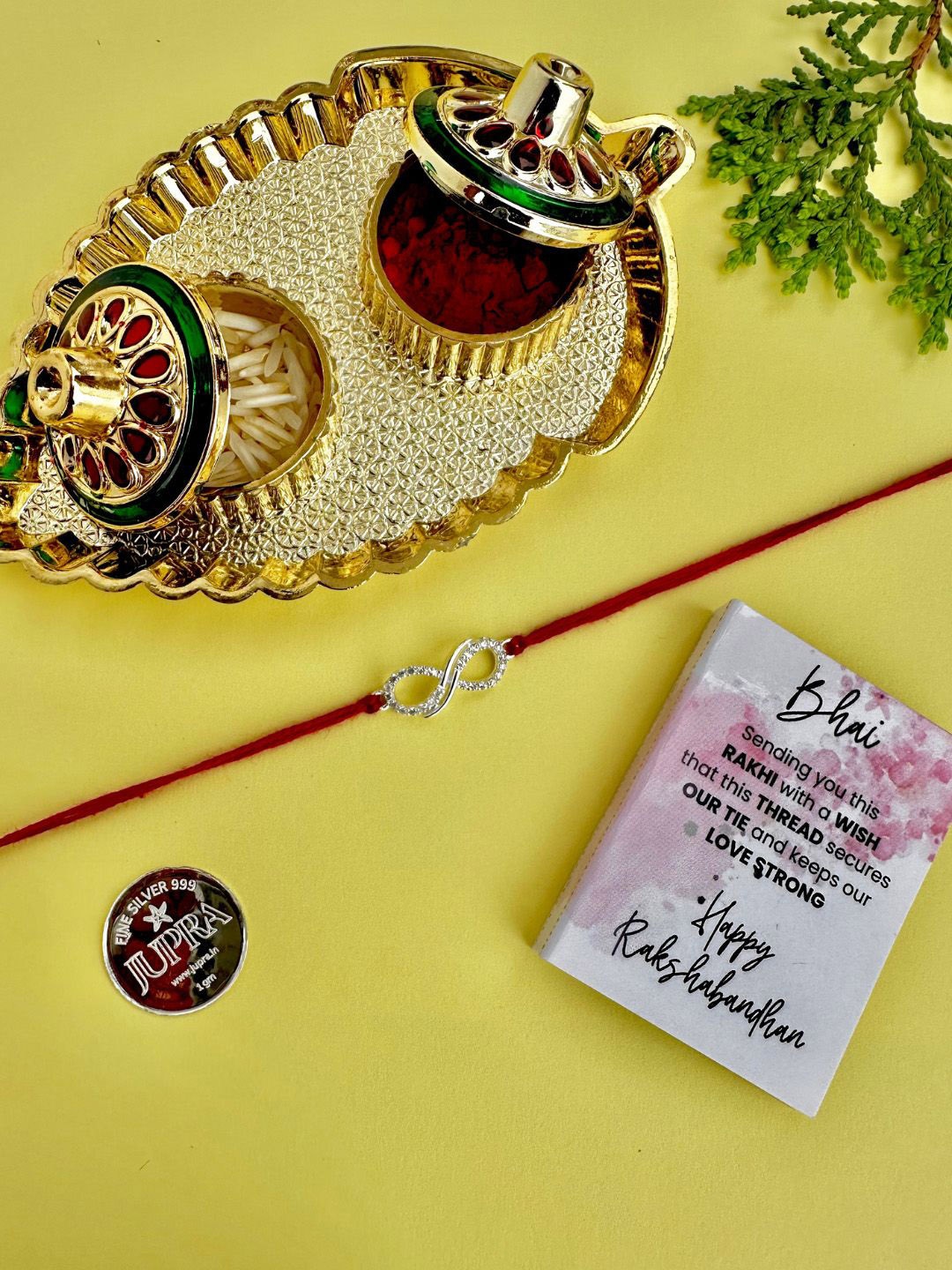 

JUPRA 925 Sterling Silver Infinity Rakhi with Coin Chocolate and Pooja Thali, Gold