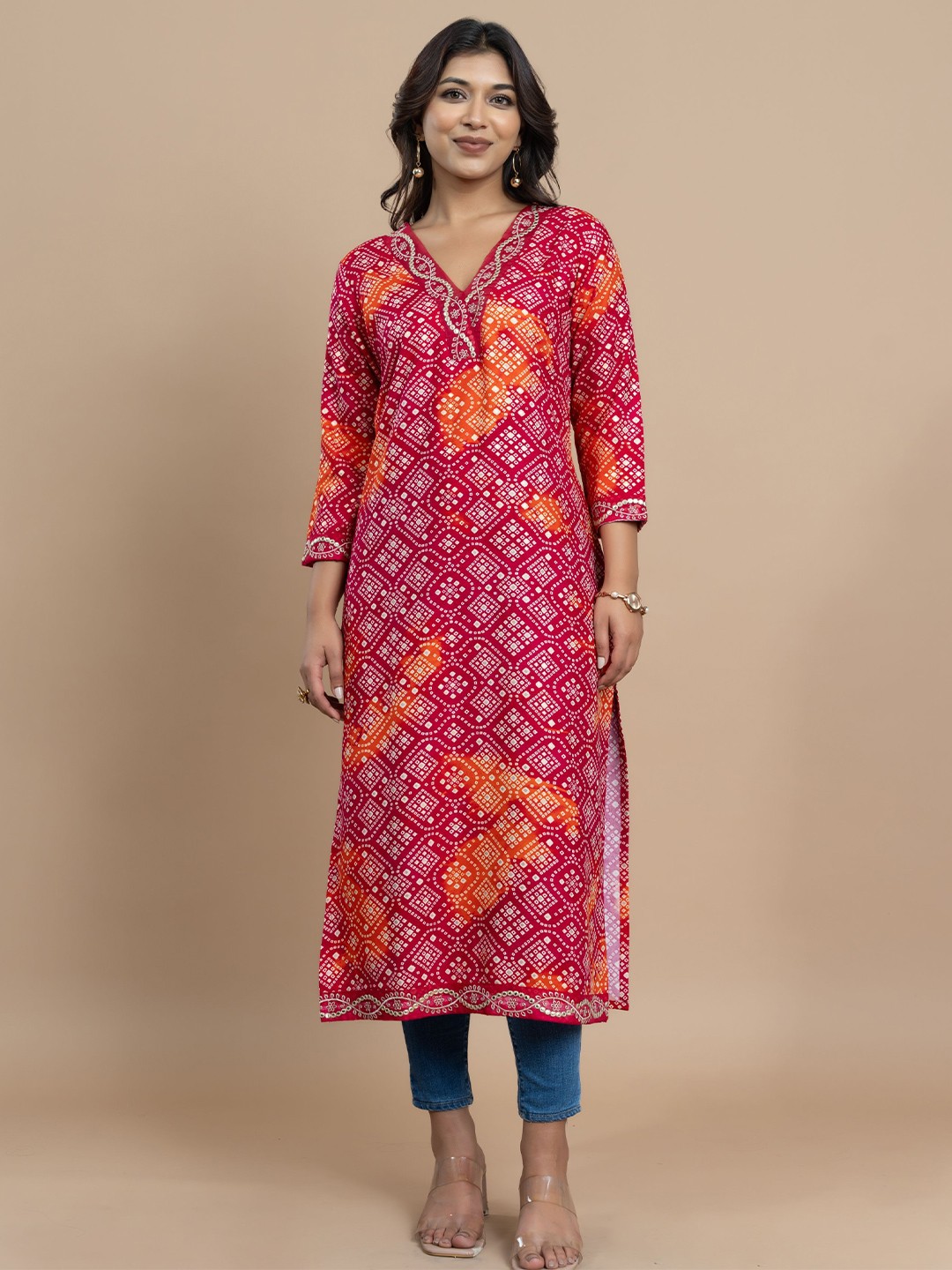 

VIRICA Women Bandhani Printed Mirror Work Kurta, Orange