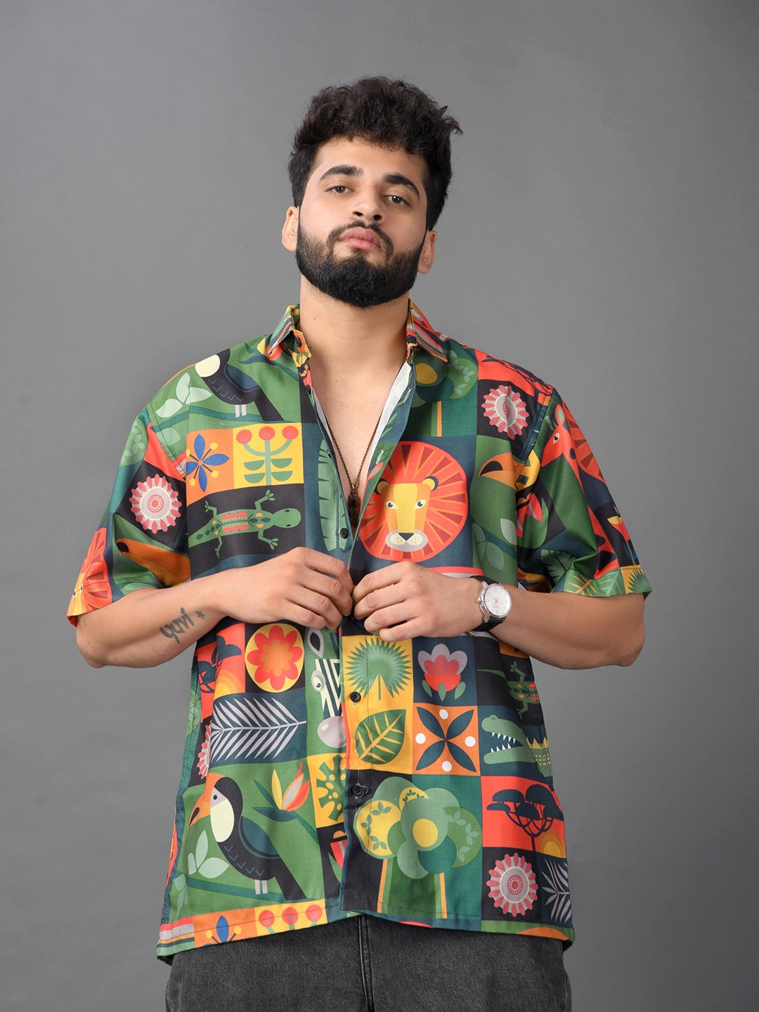 

BROWN BROTHERS Unisex Spread Collar Abstract Printed Cotton Oversized Casual Shirt, Green