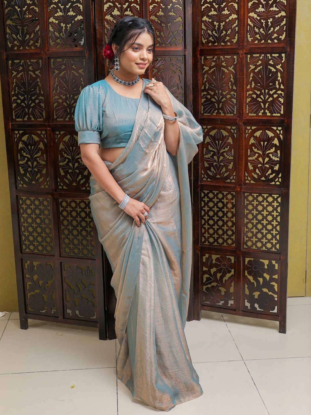 

SGF11 Pure Heavy Work Tissue Silk Saree, Blue