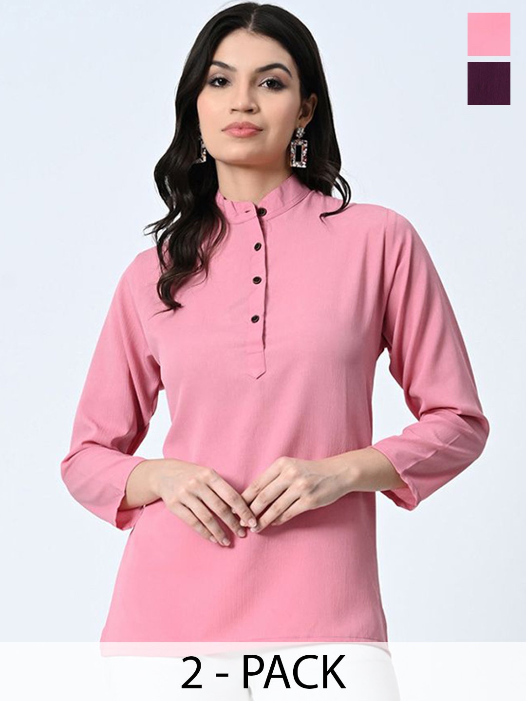 

BAESD Pack Of 2 Self Design Mandarin Collar Crepe Tops, Pink