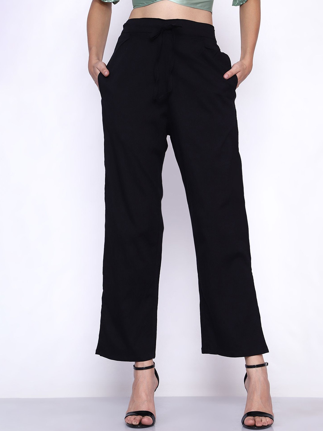 

Bhuja Women Regular Fit High Rise Side Slit Trousers, Black