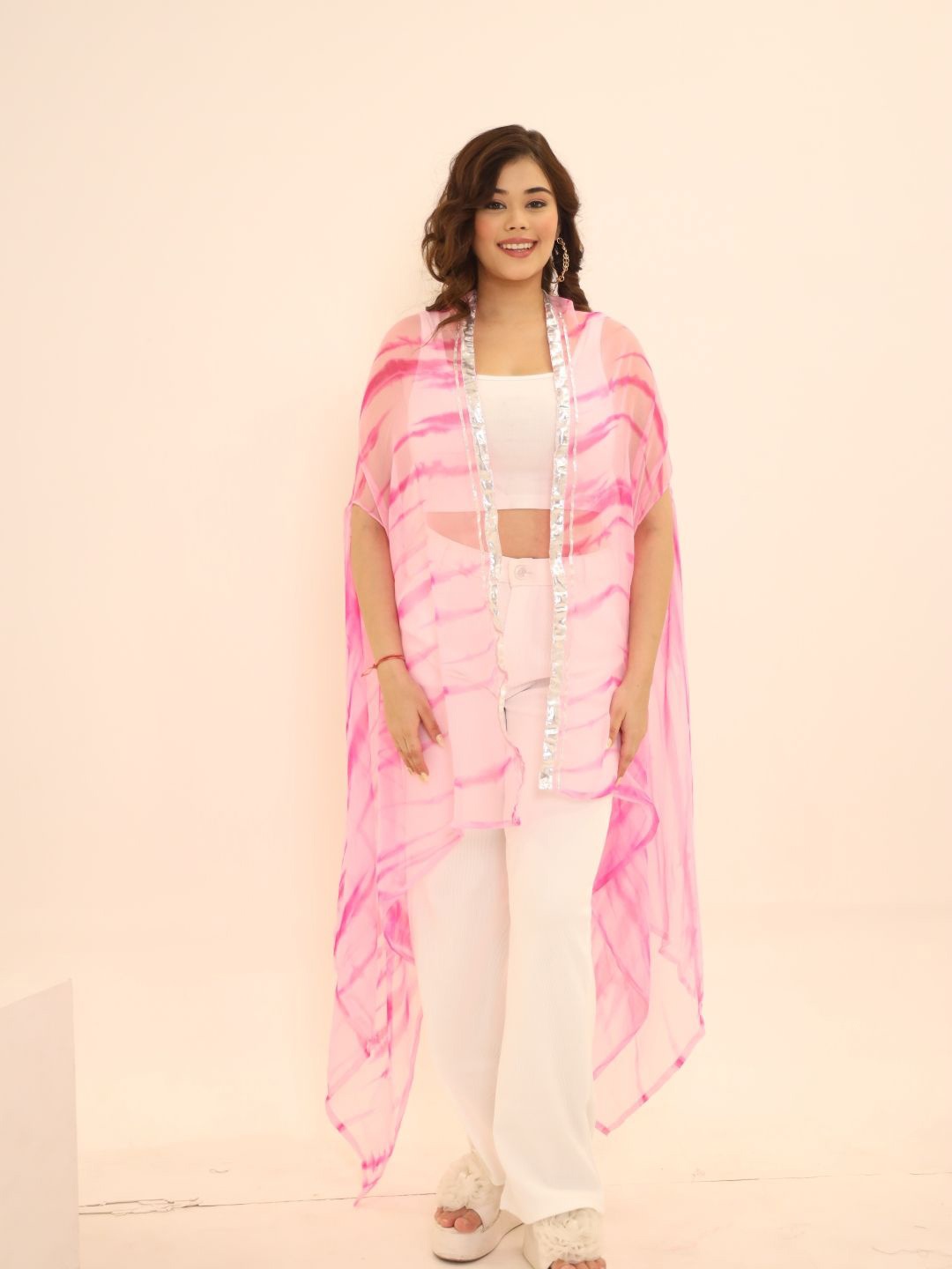 

Swadeshi Shringaar Tie & Dye Printed Open Front Longline Shrug, Pink