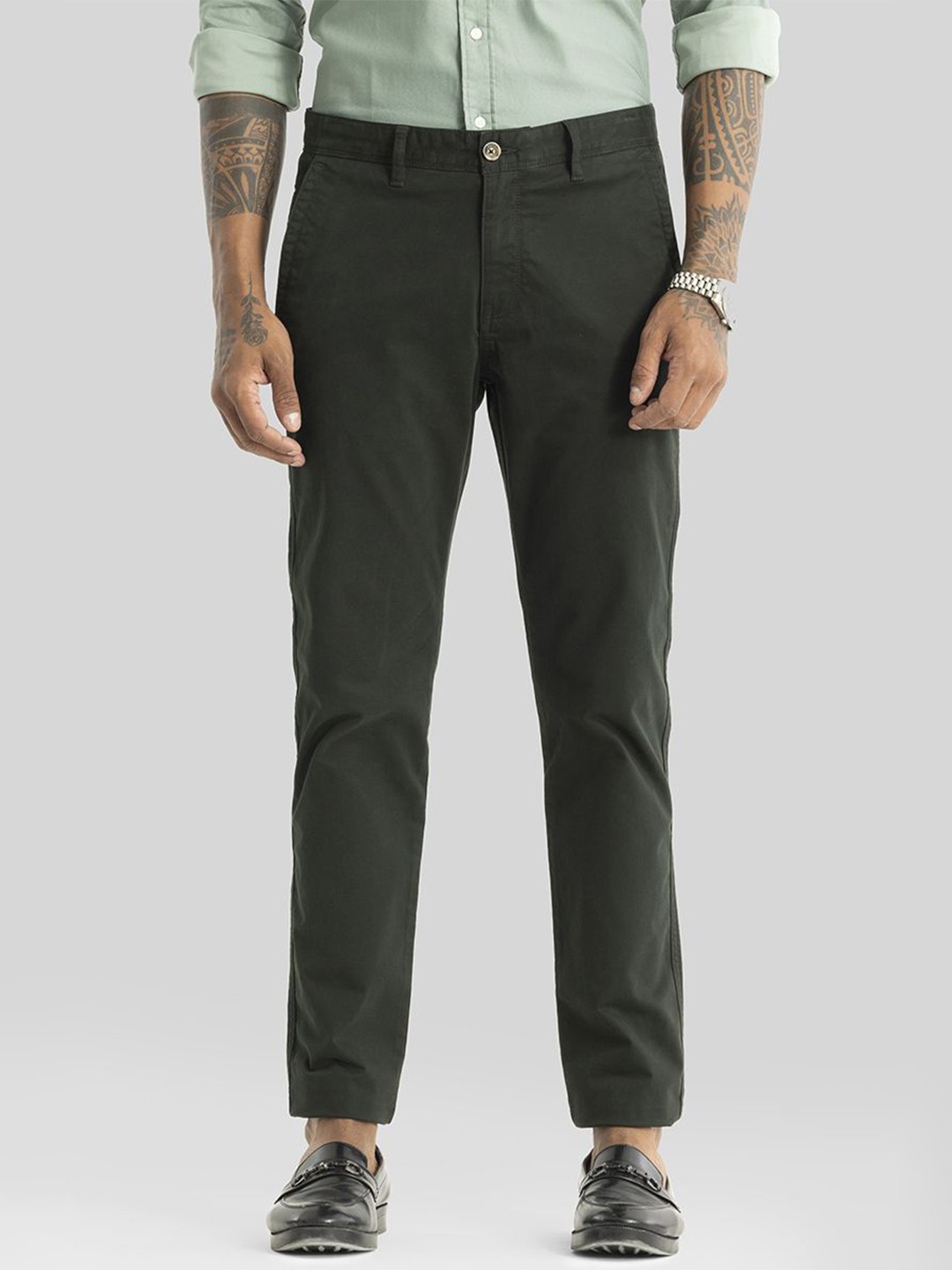 

Snitch Men Smart Slim Fit Chinos Formal Trousers, Green