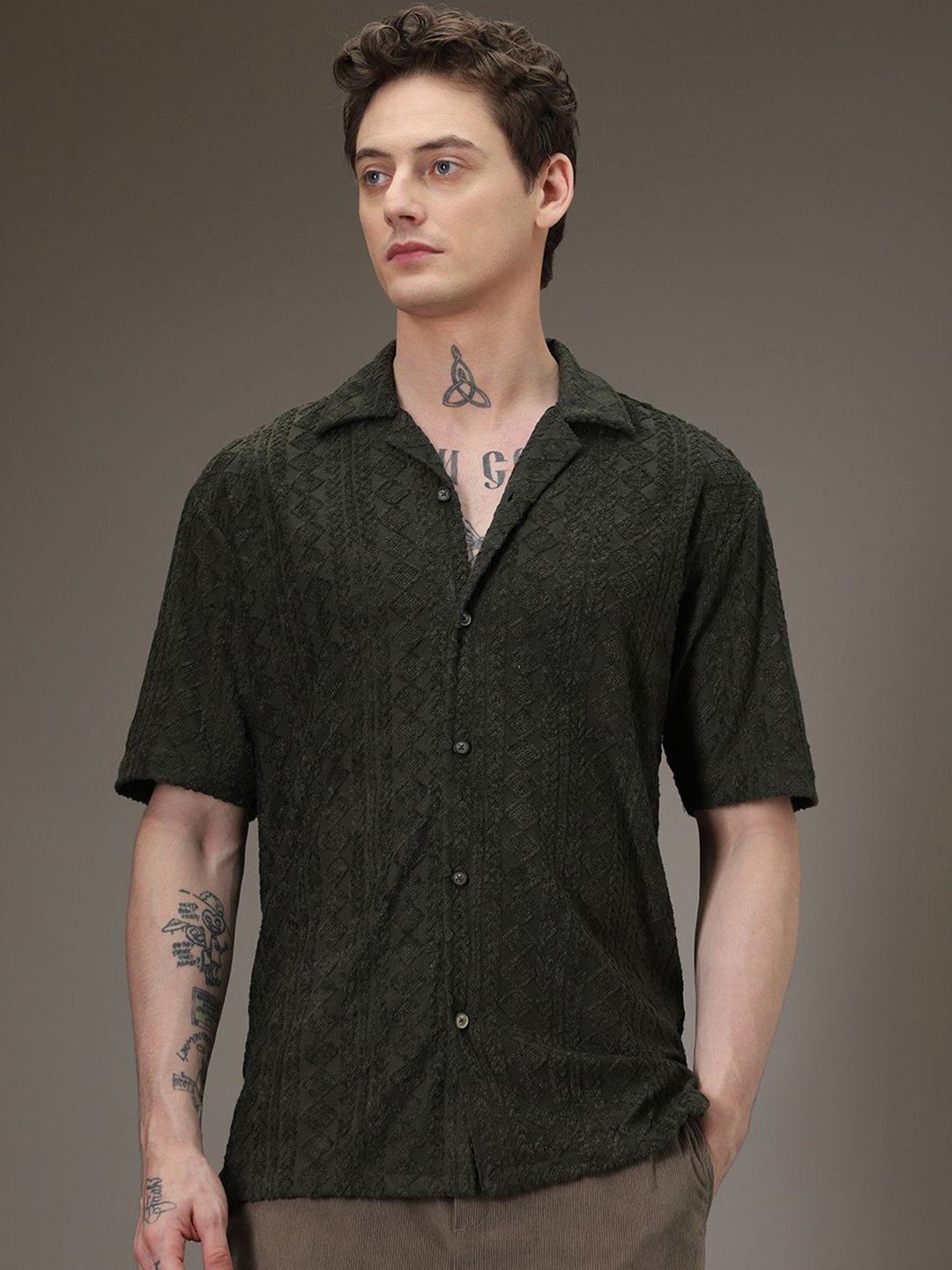 

Banana Club Men Half Sleeves Cuban Collar Knitted Shirt, Olive