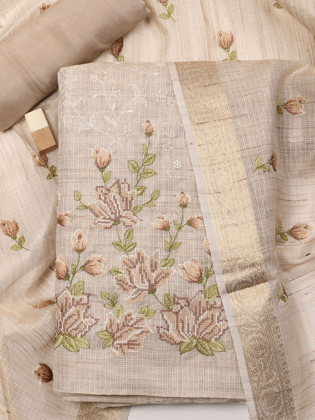 

Meena Bazaar Embroidered Art Silk Unstitched Dress Material, Beige