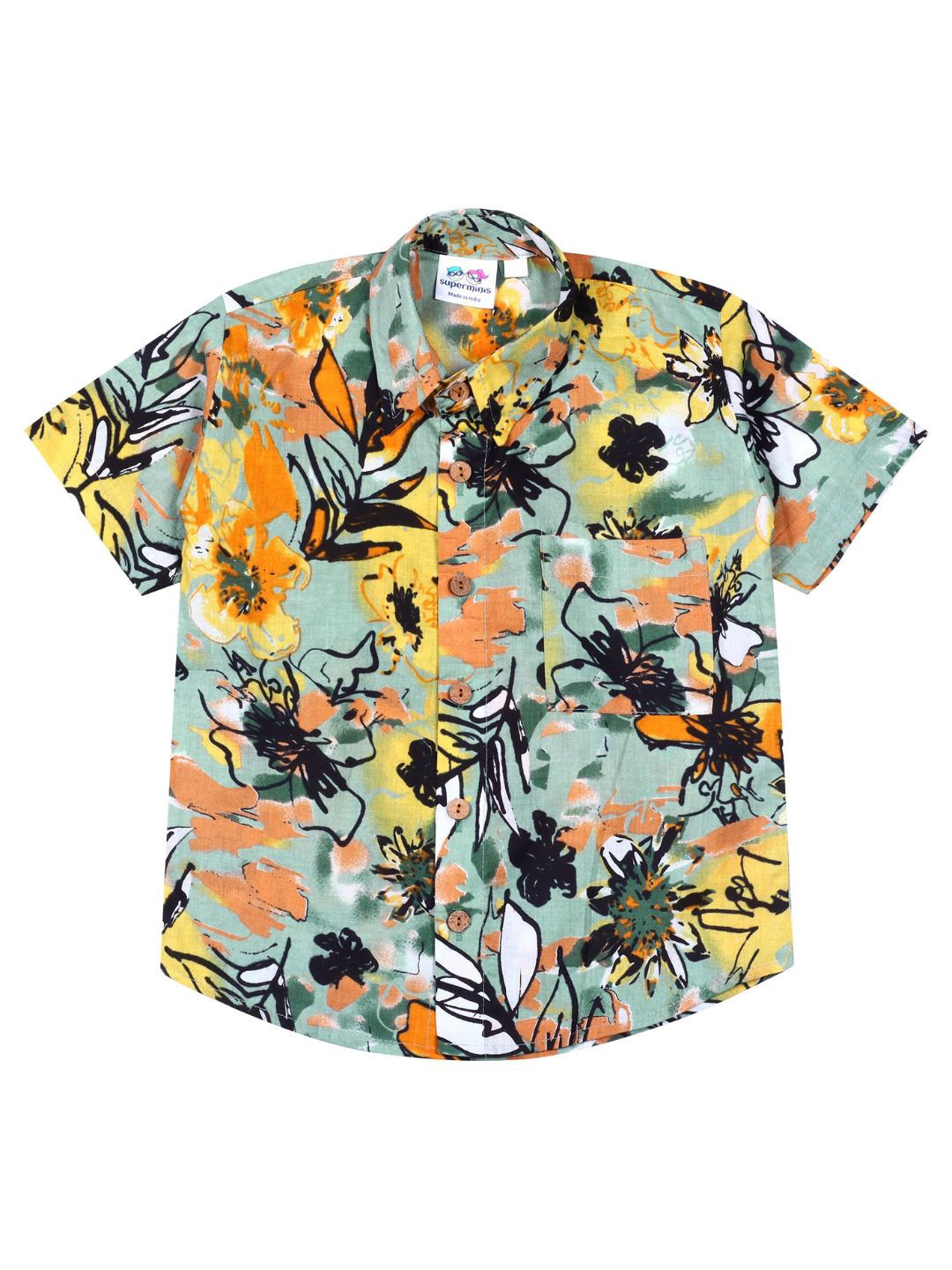 

Superminis Boys Modern Spread Collar Floral Printed Cotton Casual Shirt, Green
