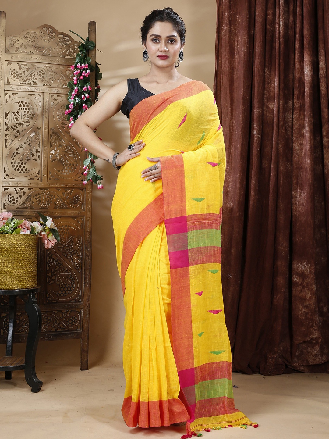 

SLAGHA Woven Design Pure Cotton Khadi Saree, Yellow