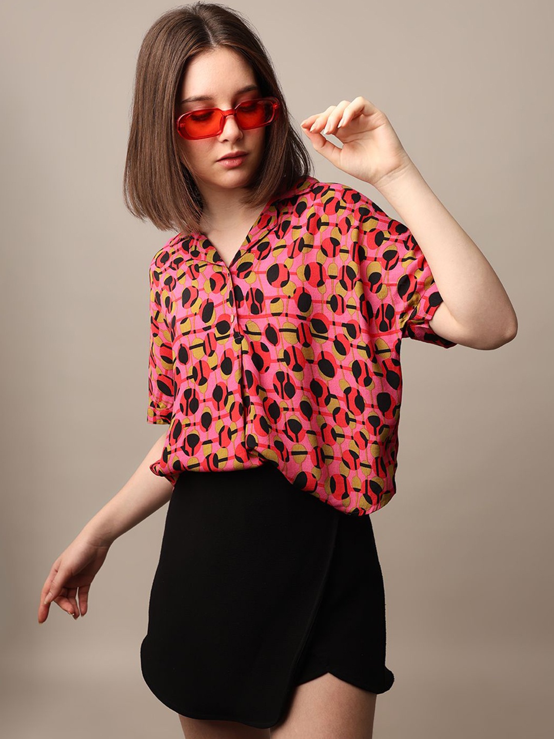 

ONLY Women Spread Collar Abstract Printed Casual Shirt, Pink