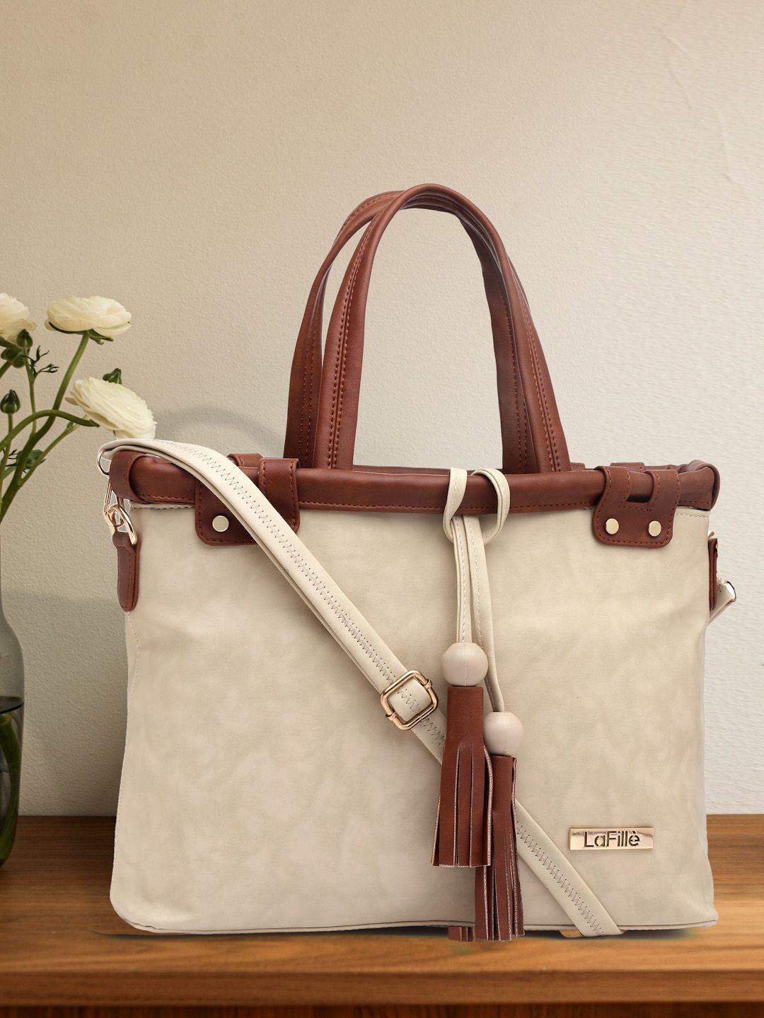 

LaFille PU Structured Handheld Bag with Tasselled, Cream