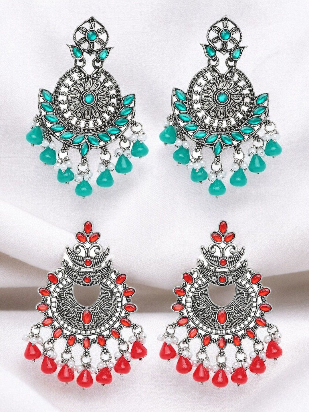 

Sangria Set Of 2 Stones Studded & Beaded Chandbalis, Silver
