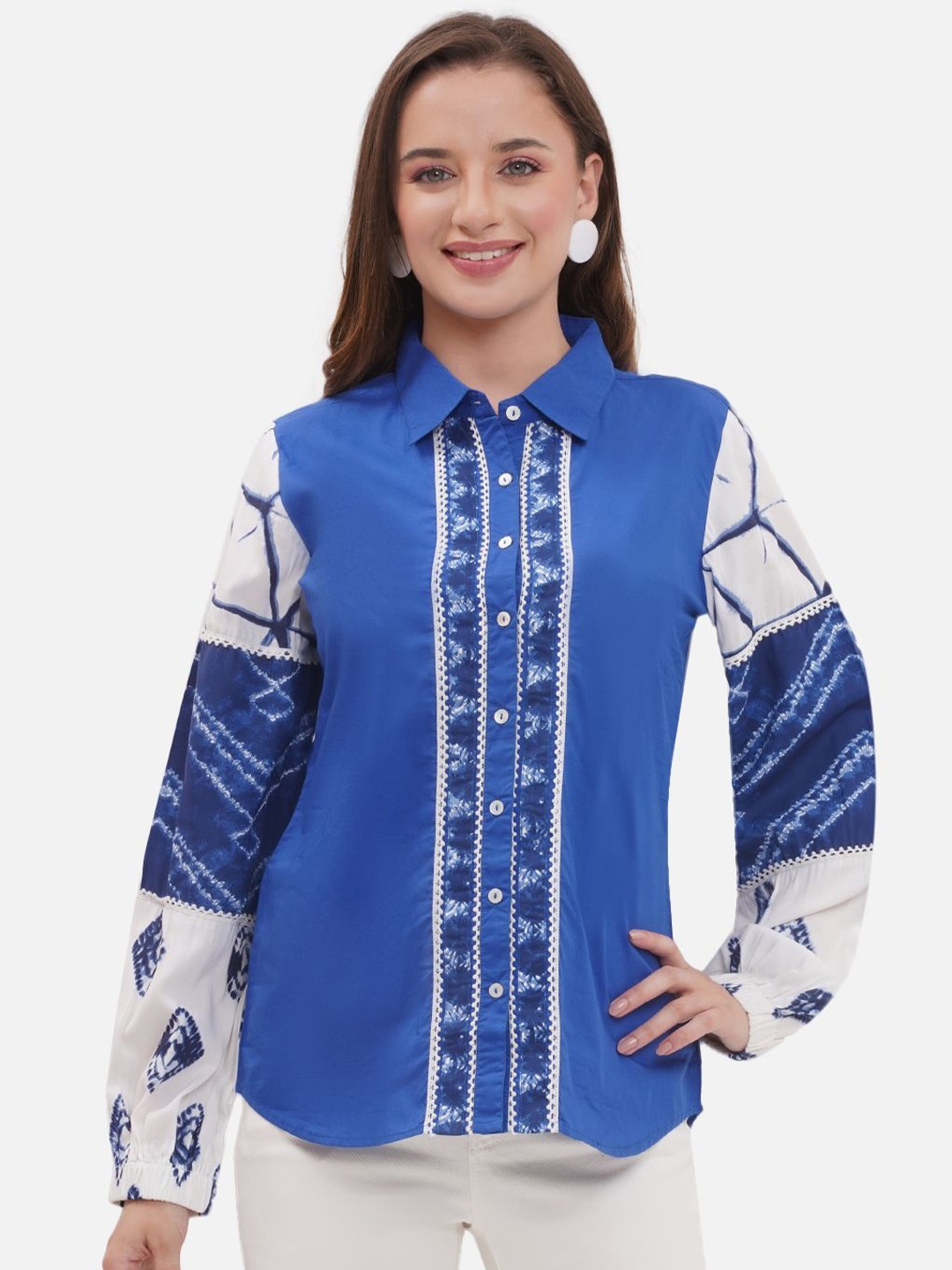 

KALINI Women Custom Spread Collar Abstract Printed Semiformal Shirt, Blue