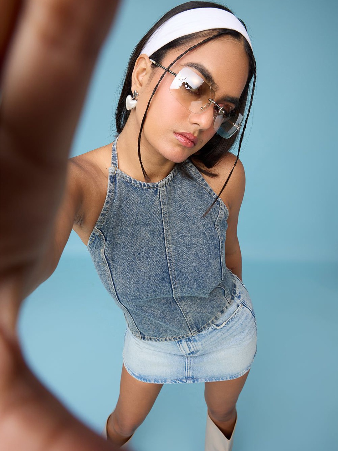 

FREAKINS Solid Cotton Denim Halter Neck Top, Blue
