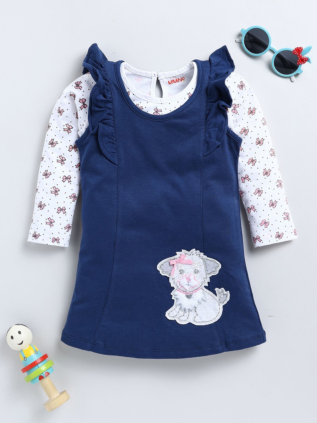 

MIMINO Infants Girls Printed Cotton Dungarees, Navy blue