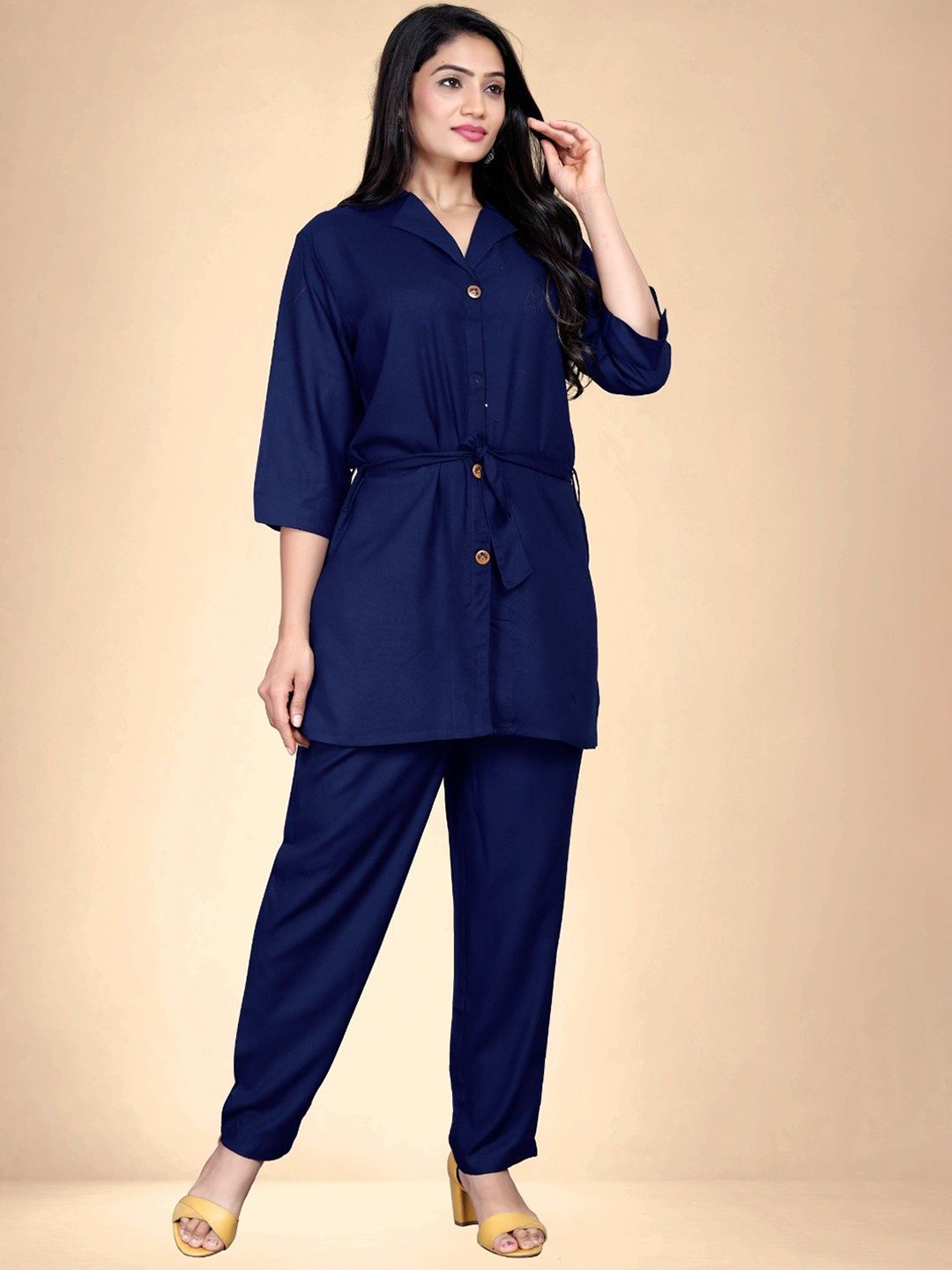 

Abhilasha Shirt Collar Pure Cotton Top With Trousers With Belt, Navy blue