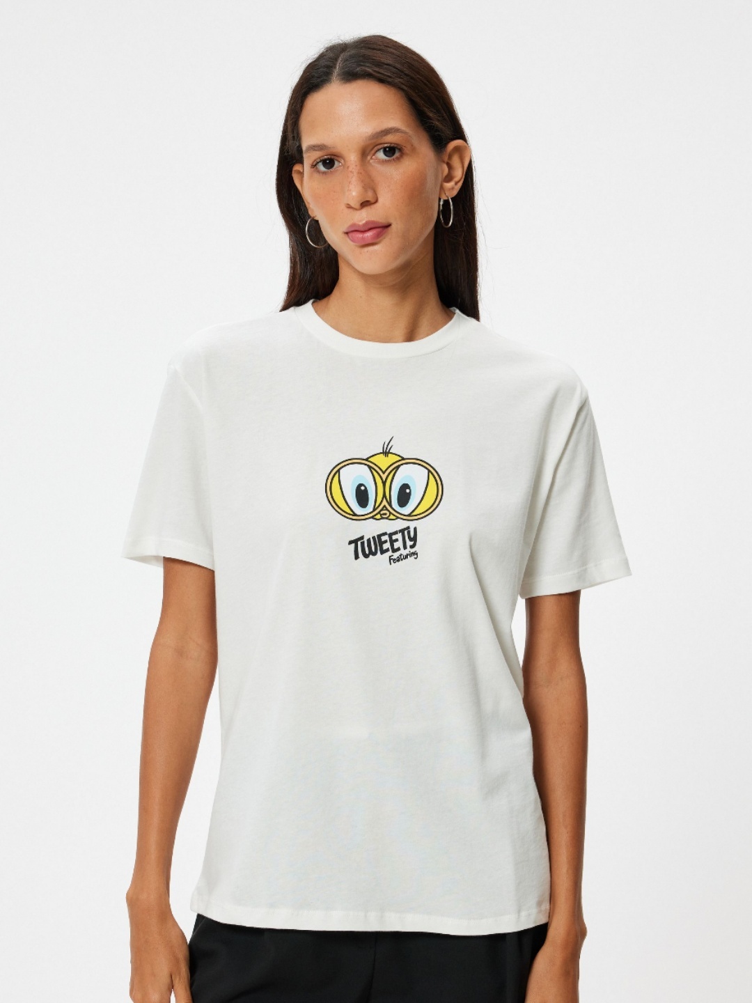 

Koton Women Graphic Printed Round Neck Cotton Oversized T-Shirt, Beige