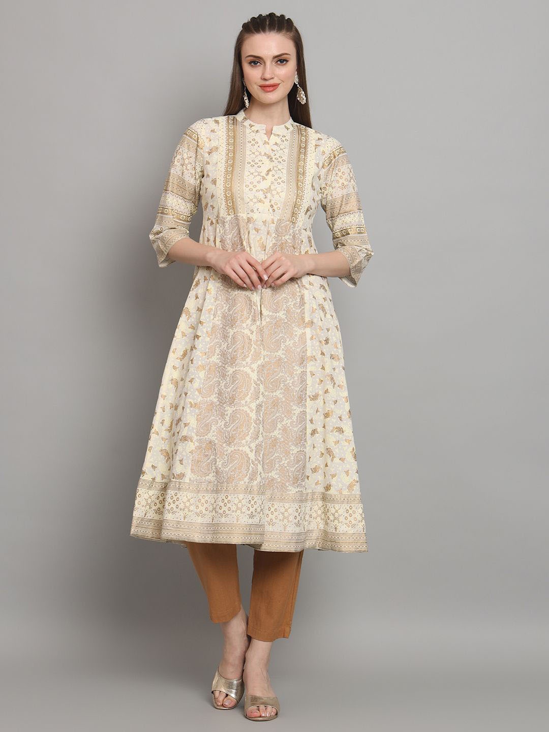 

Anouk Ethnic Motifs Printed Mandarin Collar Empire Cotton Anarkali Kurta, White