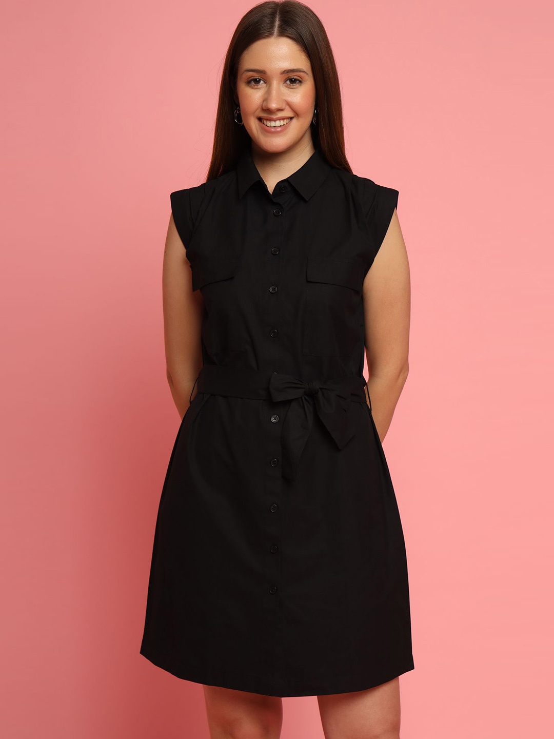 

KIZI Belted Shirt Dress, Black