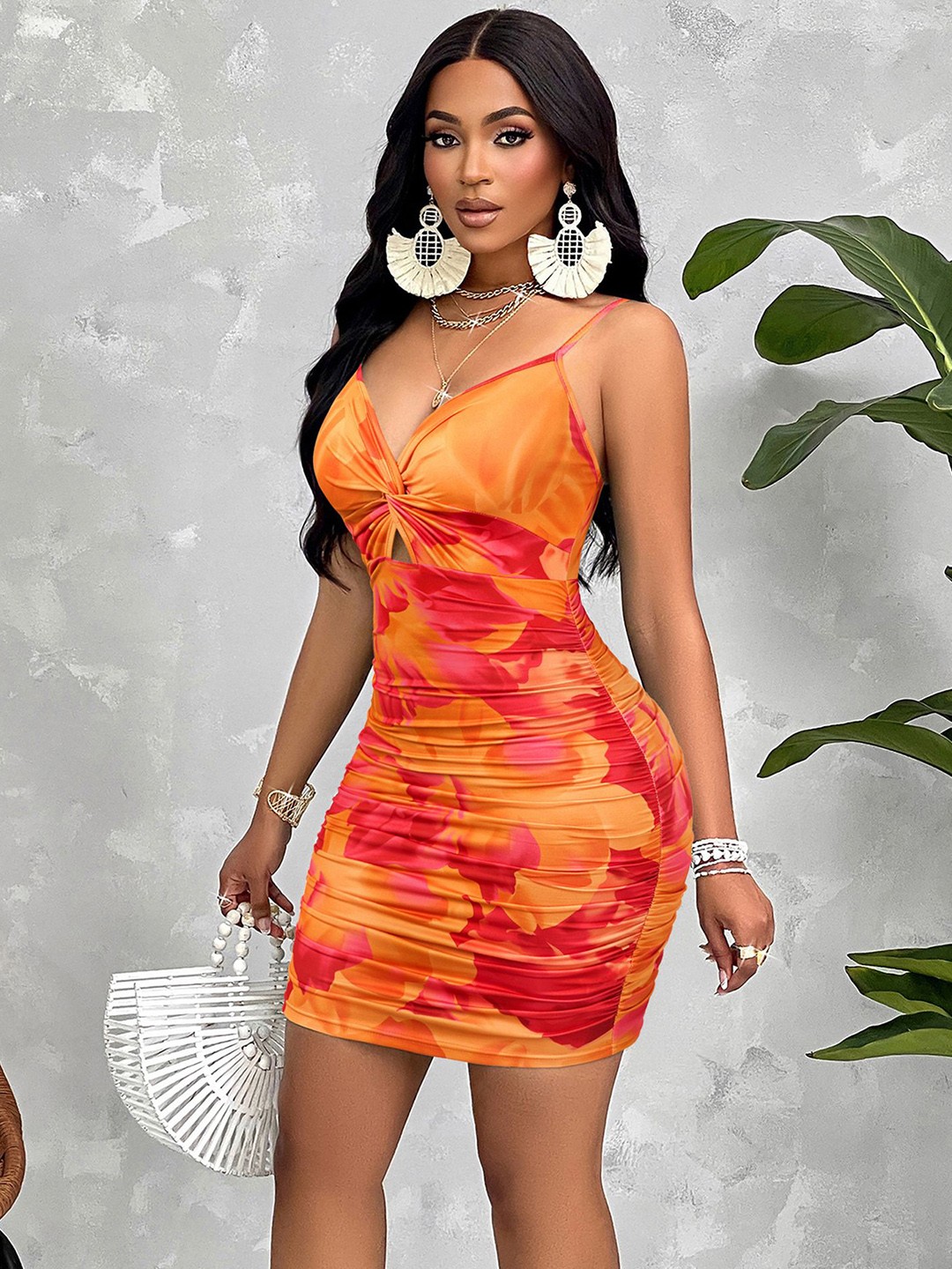 

StyleCast x Revolte Floral Printed Georgette Bodycon Mini Dress, Orange