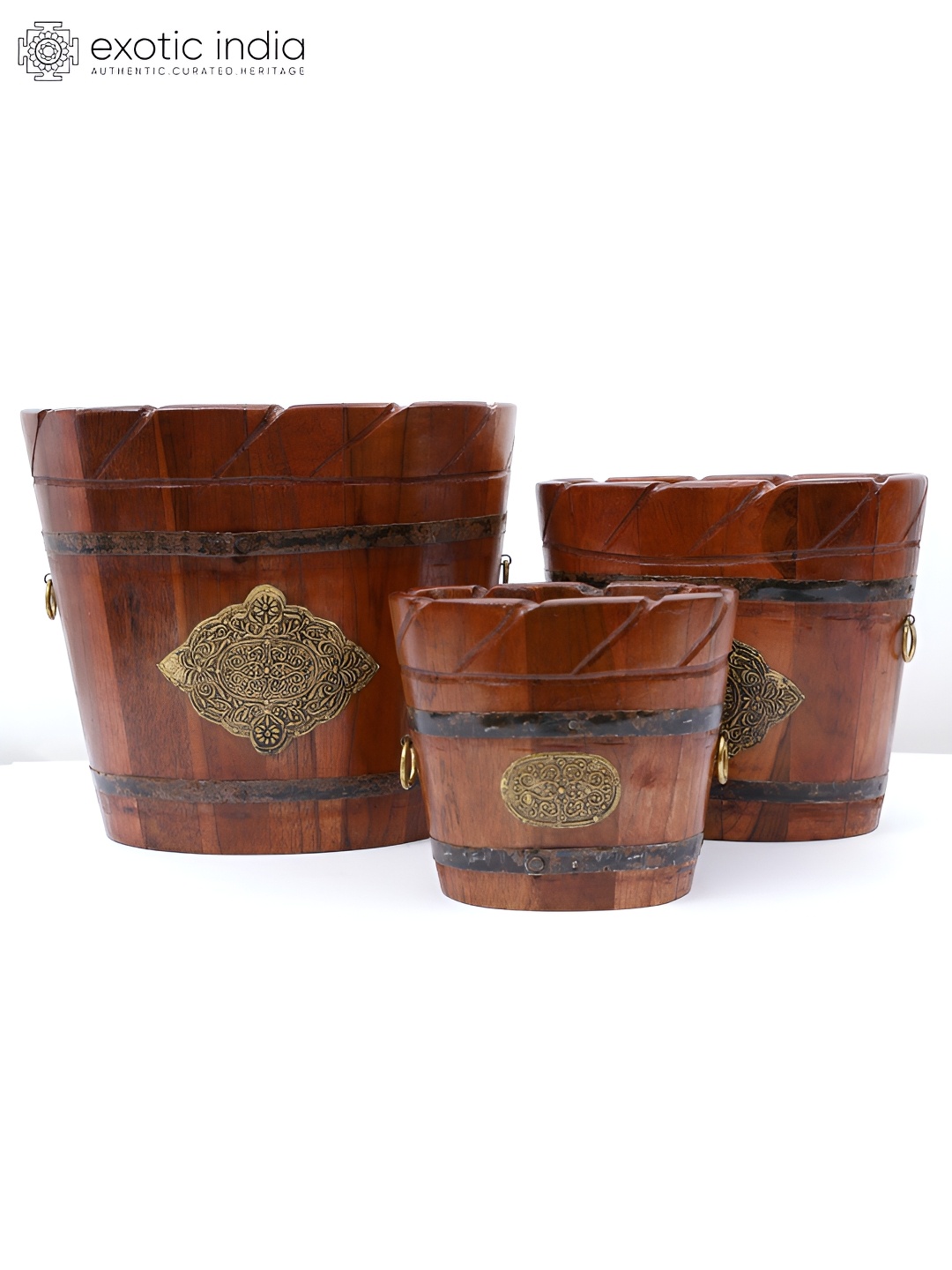 

Exotic India Brown & Gold Toned 3 Pieces Wooden Planters