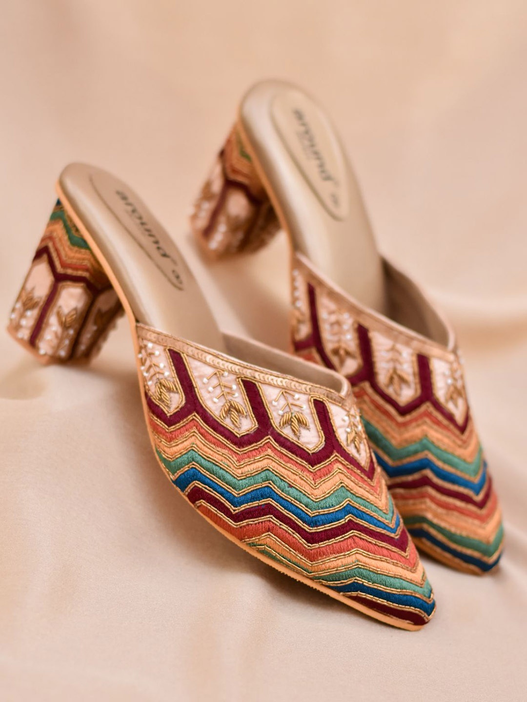 

Around Always Ethnic Embellished Block Mules, Peach
