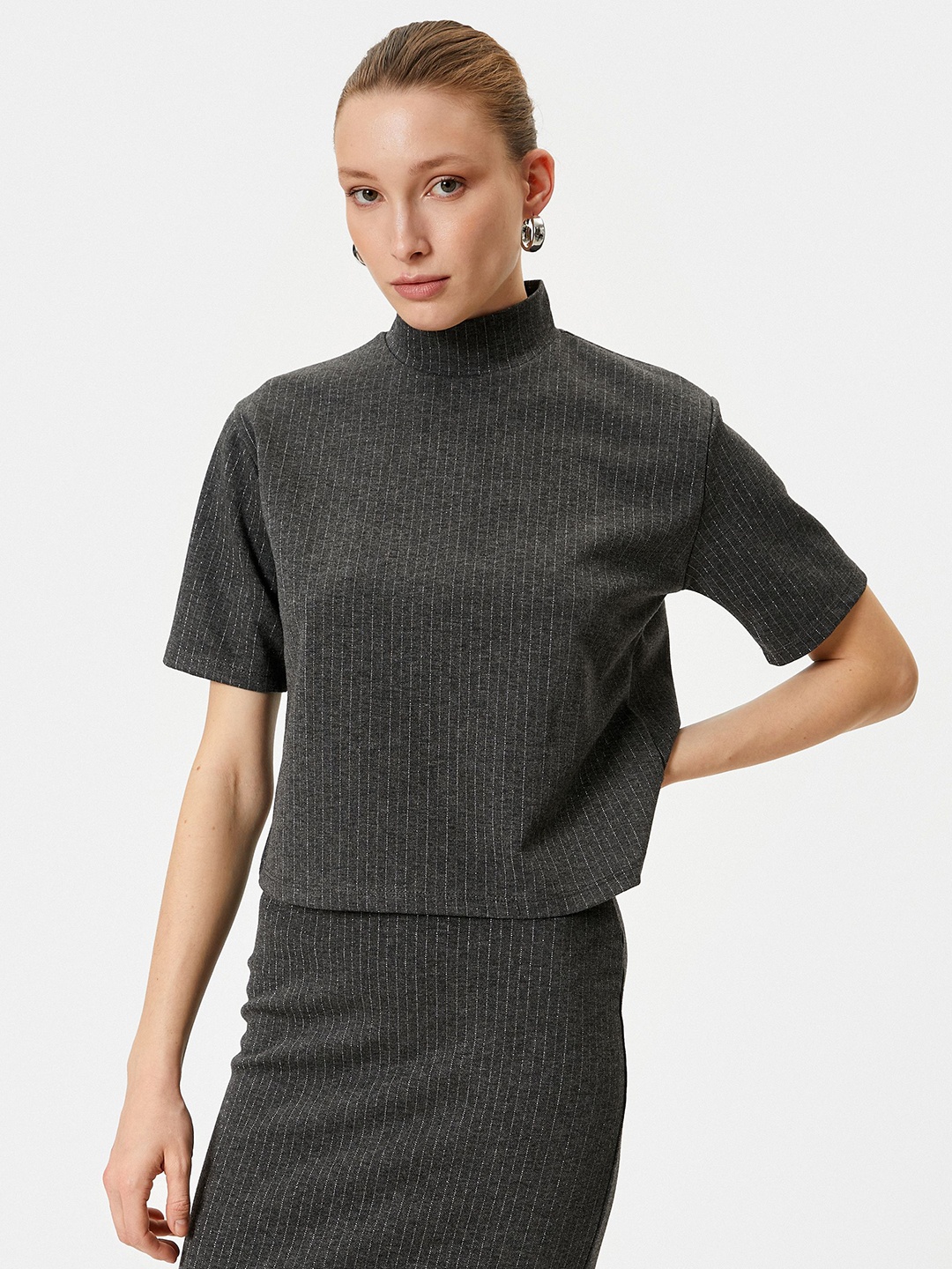 

Koton Women Solid High Neck T-Shirt, Grey