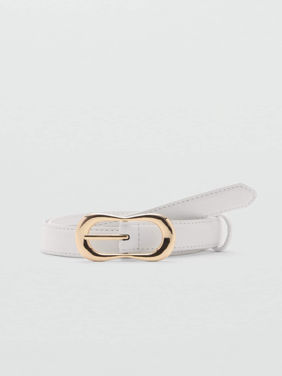 

MANGO Women Oval Metallic Buckled Skinny Belt, Off white