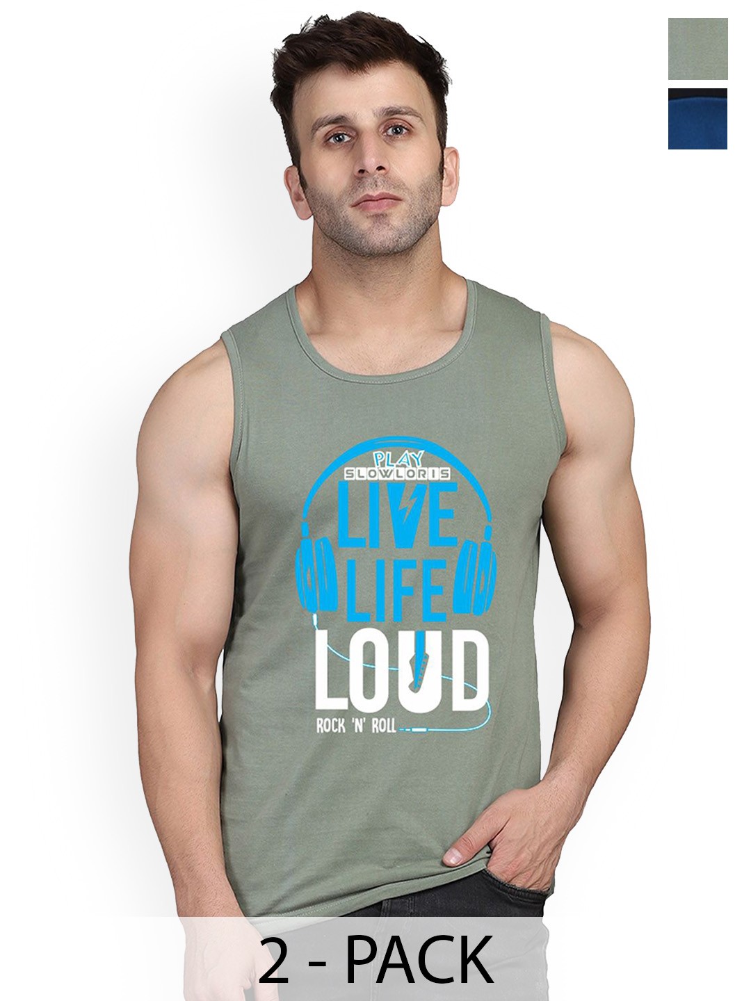 

SLOWLORIS Pack Of 2 Printed Sleeveless Gym Vests SL26 COMBO (LOUD LGTGREEN) (FRD BLKPCK), Green
